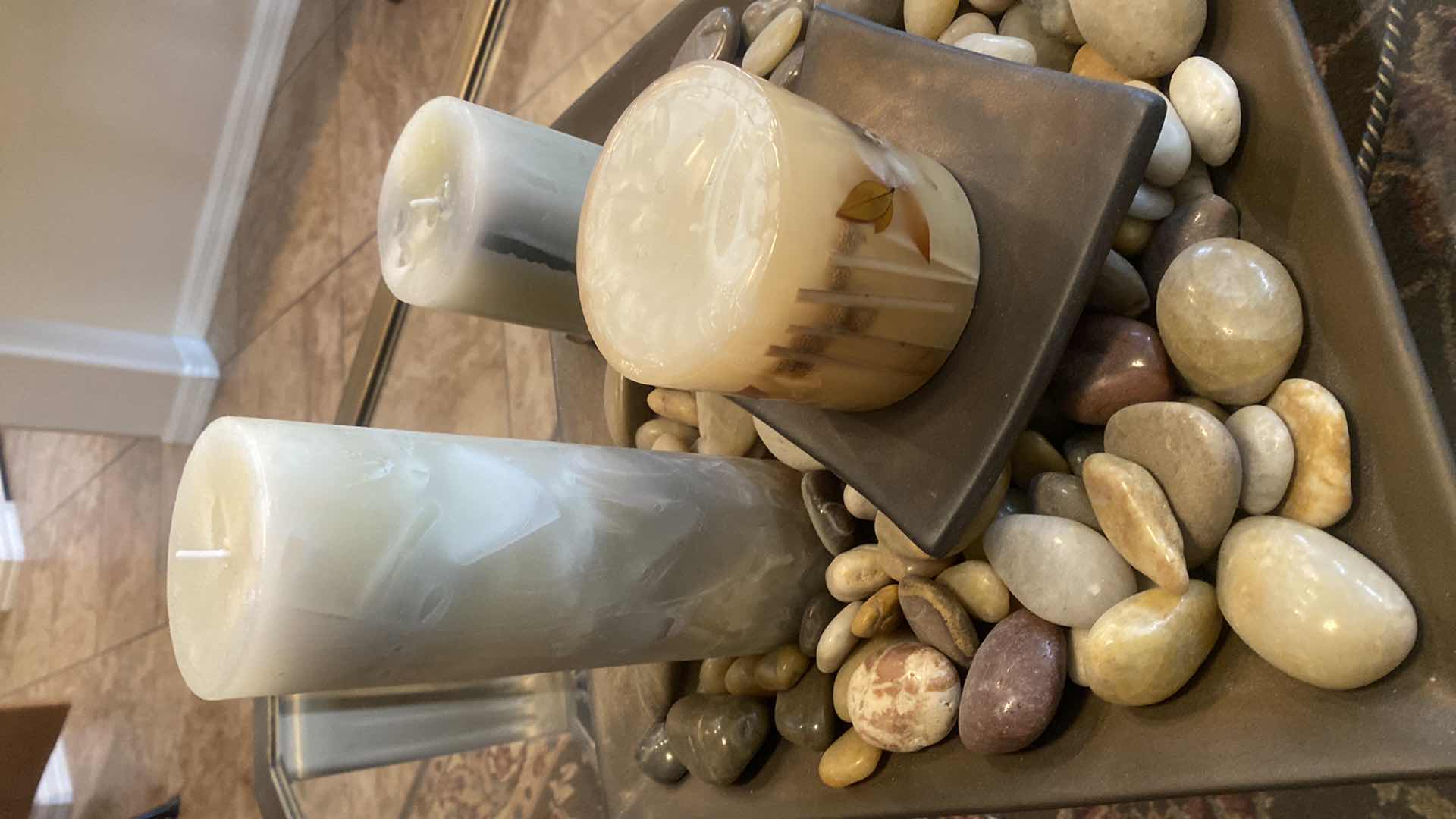 Photo 1 of HOME DECOR - TRAY WITH CANDLES & POLISHED ROCKS 13 1/2” x 13 1/2”