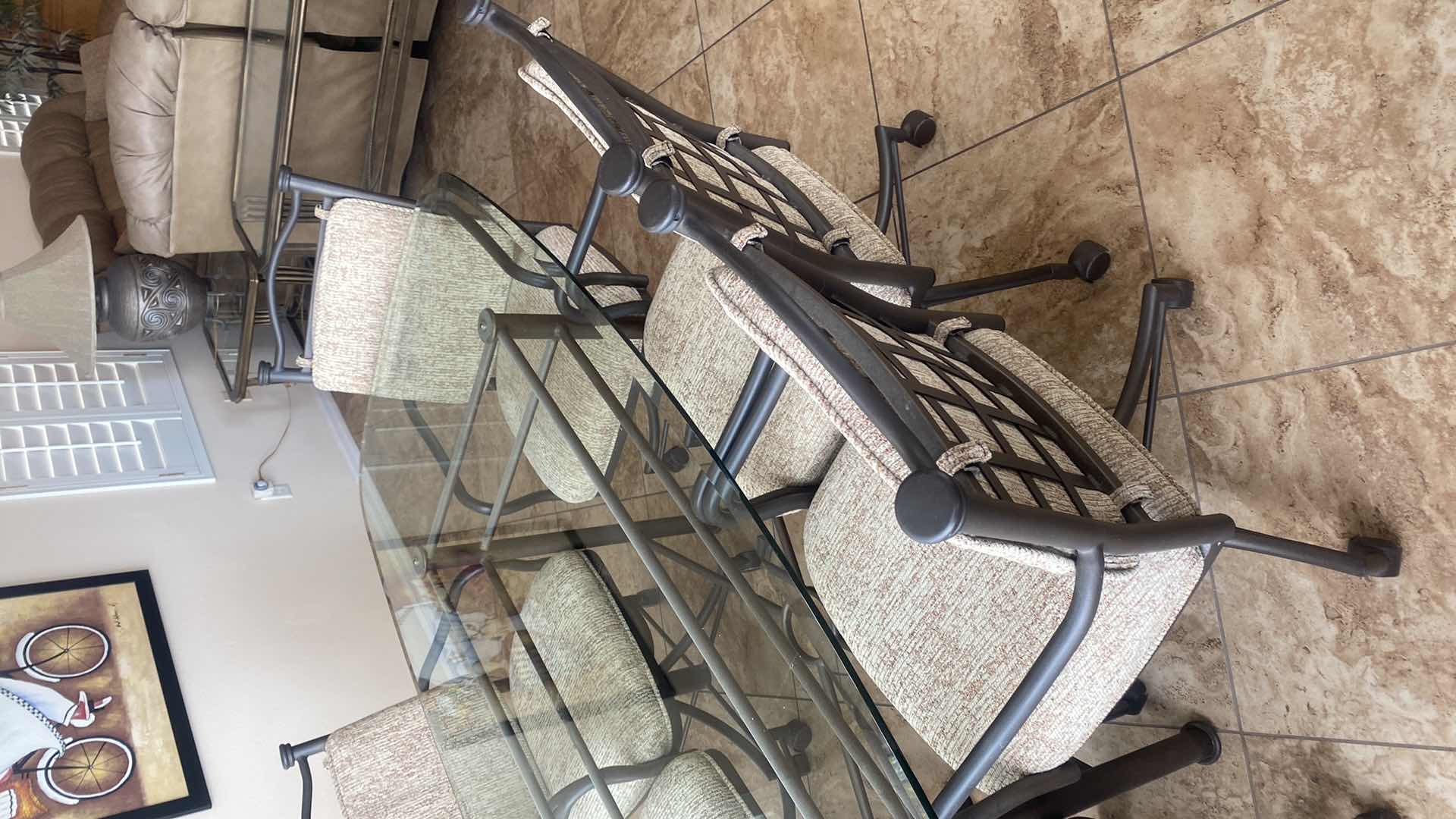 Photo 1 of 7 PIECE GLASS TOP & HEAVY METAL DINING SET, CHAIRS HAVE WHEELS, INCLUDES TABLE PADS 6’ x 42” H30”