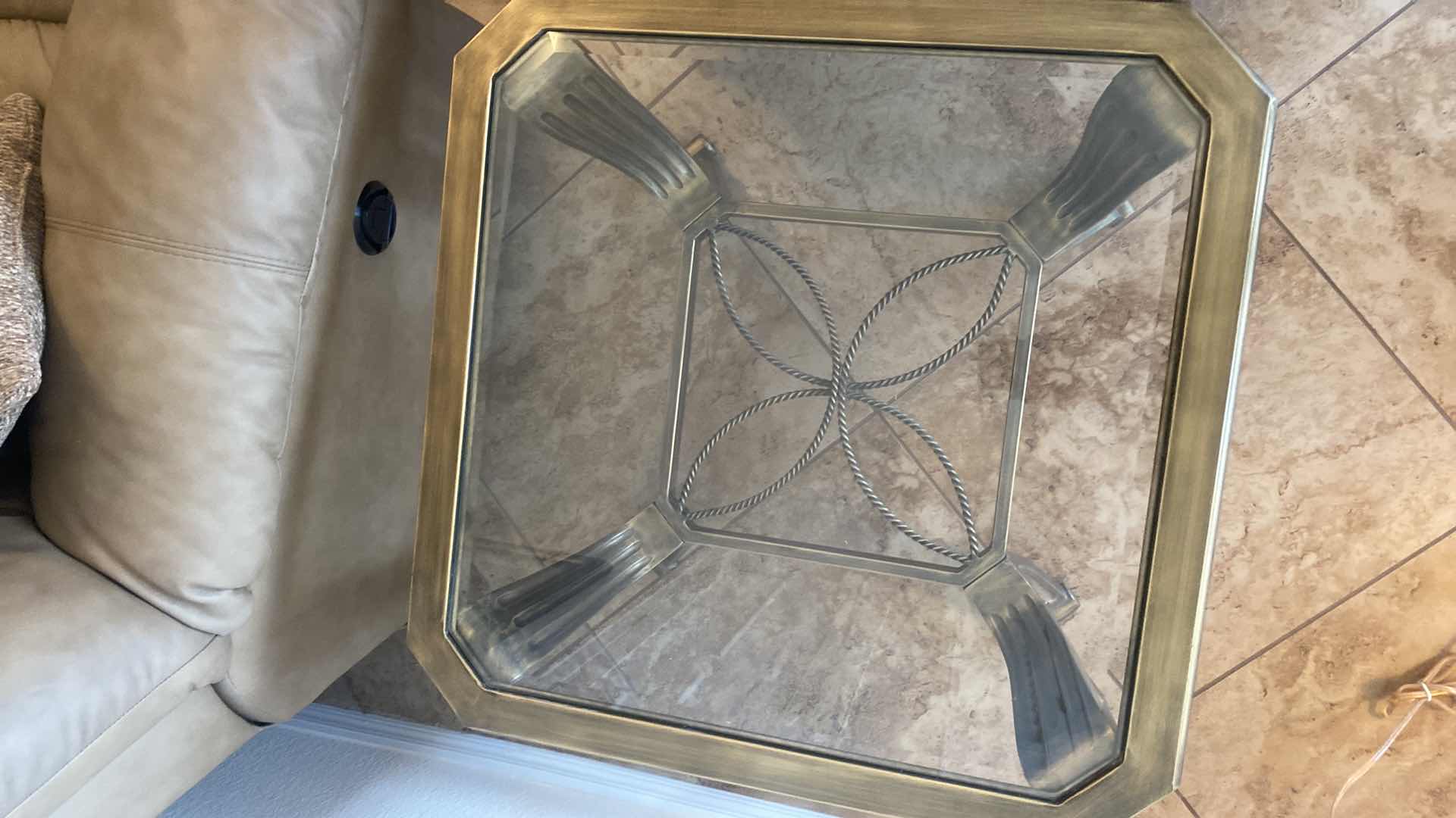 Photo 1 of HEAVY METAL END TABLE WITH BEVELED GLASS TOP 25 1/2“ x 25 1/2“ H21”  (Sofa“table, and coffee table also available to be sold separately)