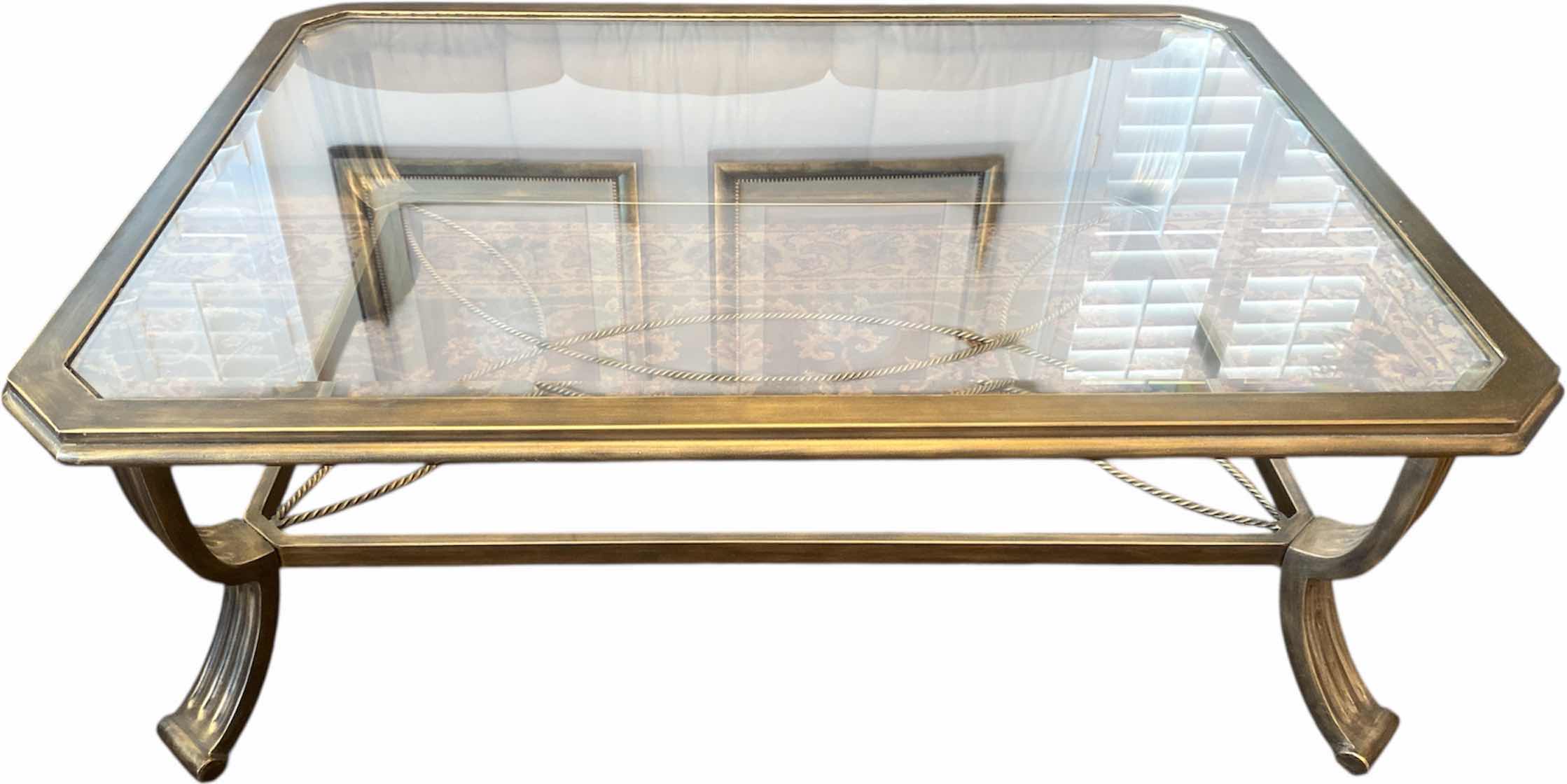 Photo 1 of HEAVY METAL COCKTAIL TABLE WITH BEVELED GLASS TOP 47” x 34” H17” (Sofa“table, and end table also available to be sold separately)