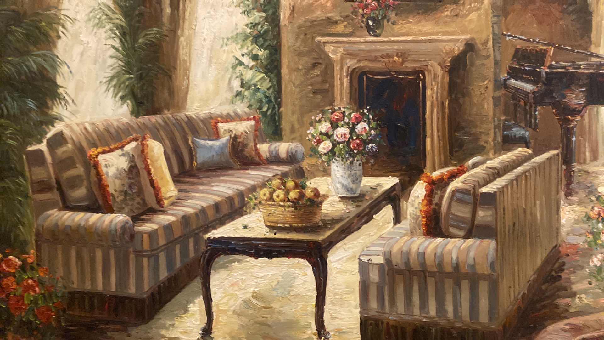 Photo 1 of ORNATE WOOD FRAMED EMBELLISHED COZY SITTING ROOM OIL ON CANVAS PRINT ARTWORK 53“ x 40“