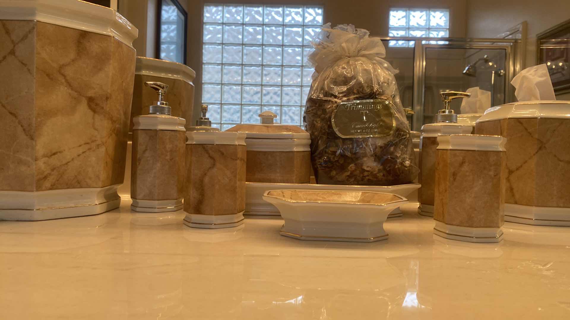 Photo 1 of PORCELAIN BATHROOM TRASH RECEPTACLE, SOAP DISH, SOAP HOLDERS, KLEENEX & POTPOURRI