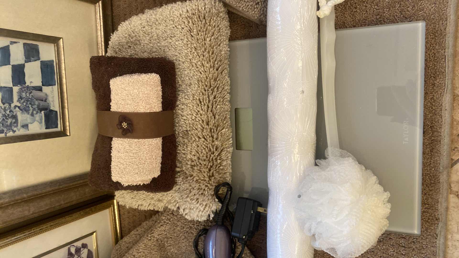 Photo 1 of BATH TOWELS, RUGS, SCALE, HAIR DRYER & BATH ARTWORK LARGEST 15 1/2” x 28”
