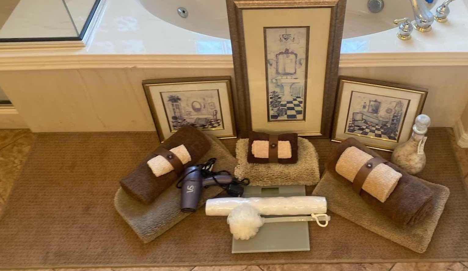 Photo 1 of BATH TOWELS, RUGS, SCALE, HAIR DRYER & BATH ARTWORK LARGEST 15 1/2” x 28”