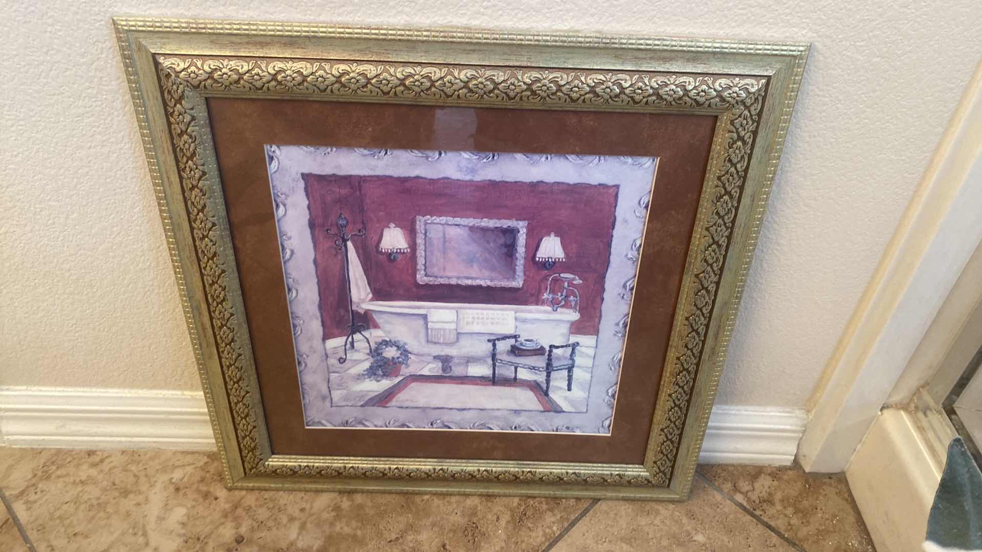 Photo 1 of 2-FAUX FLORALS H22” FRAMED BATH TUB ARTWORK 18” X 18”