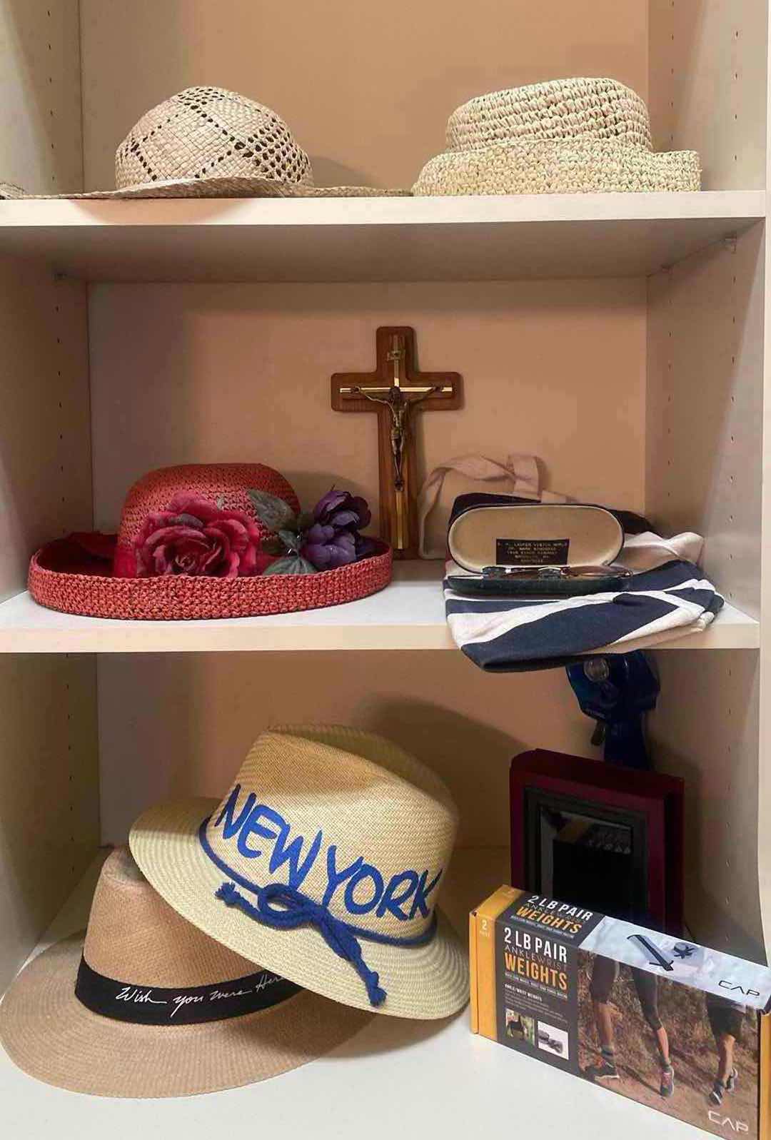Photo 1 of 3 SHELFS WOMENS HATS, STRIPED BAG, CROSS , SUNGLASSES & WEIGHTS