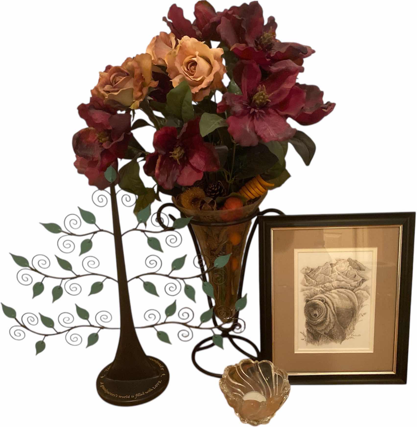Photo 1 of 4-HOME DECOR- METAL TREE, BEAR PRINT, GLASS BIWL & FAUX FLORAL H23”
