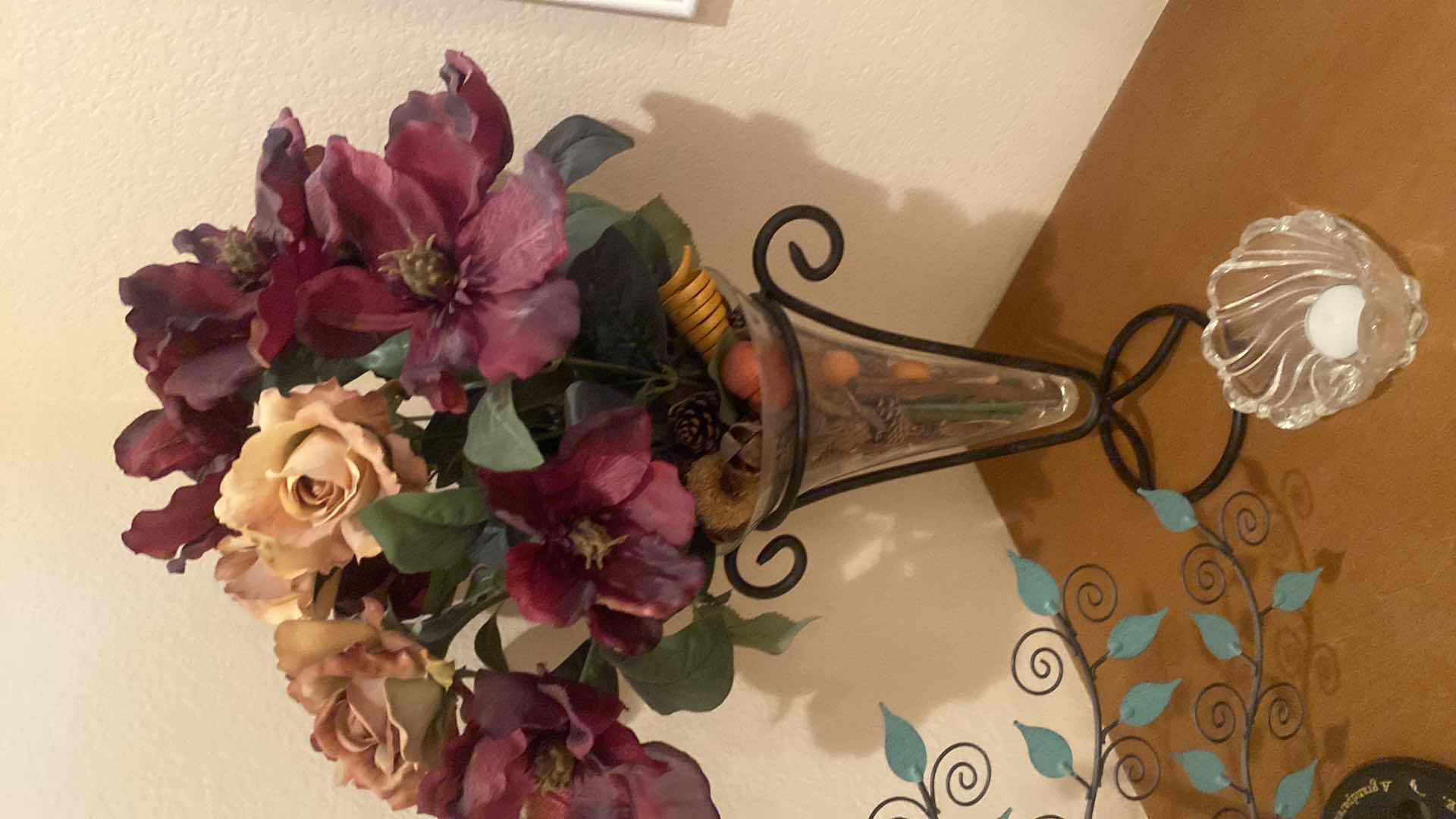 Photo 1 of 4-HOME DECOR- METAL TREE, BEAR PRINT, GLASS BIWL & FAUX FLORAL H23”