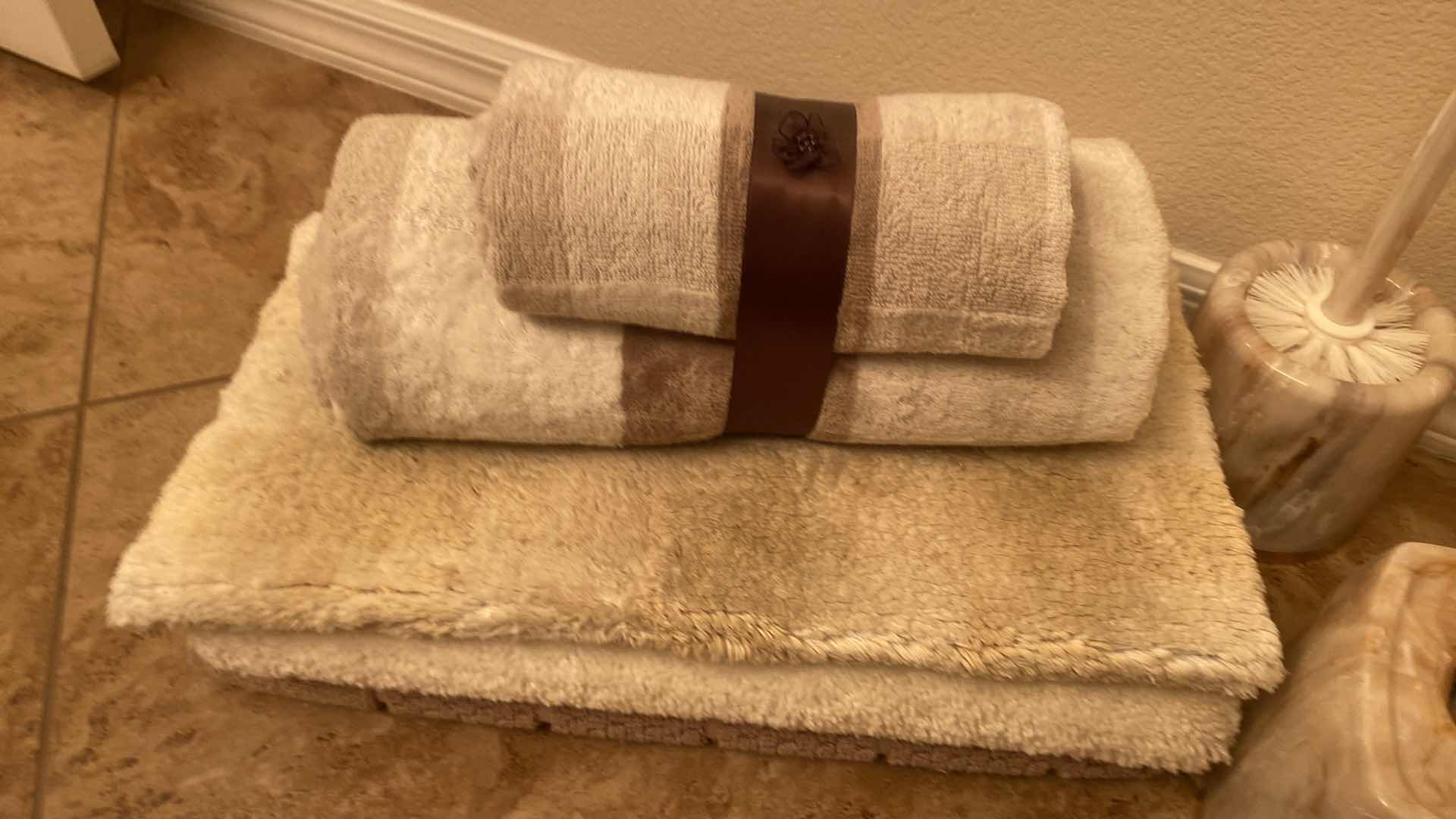 Photo 1 of BATHROOM PLASTIC ACCESSORIES, TOWELS, RUG & FAUX ORCHID H15”