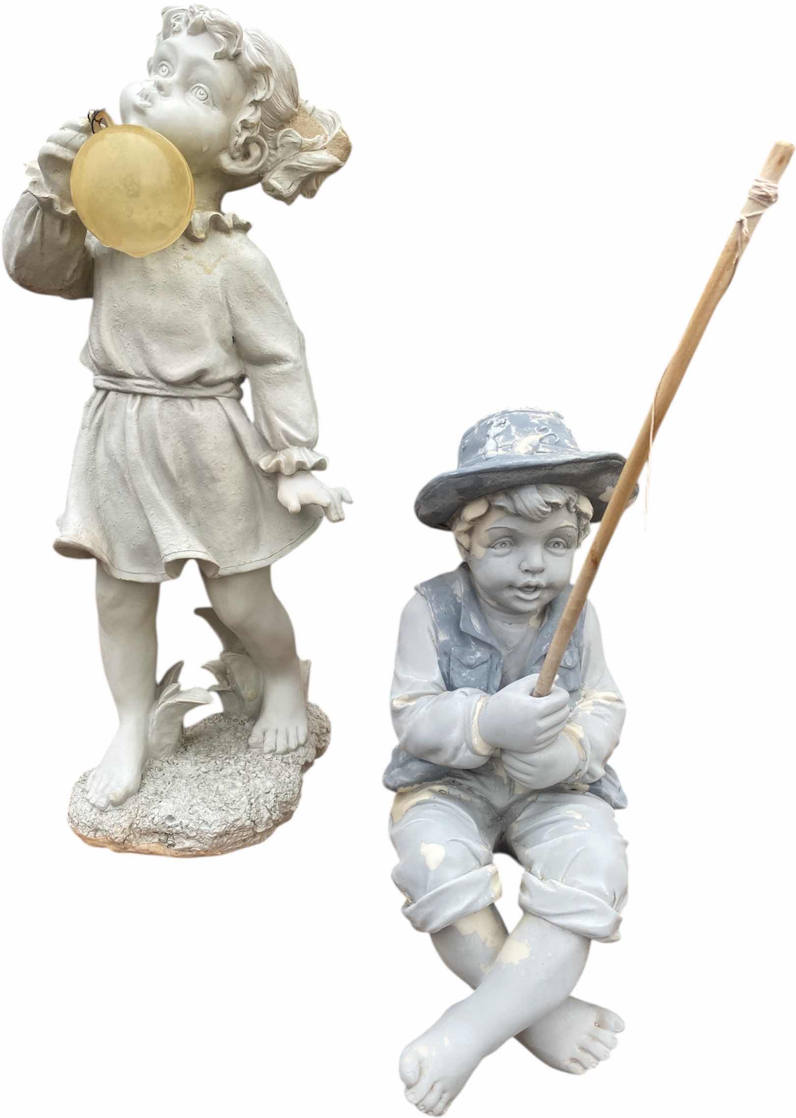 Photo 1 of 2-PLASTER CAST LIGHT WEIGHT YARD ART BOY FISHING & GIRL WITH BALL H19”