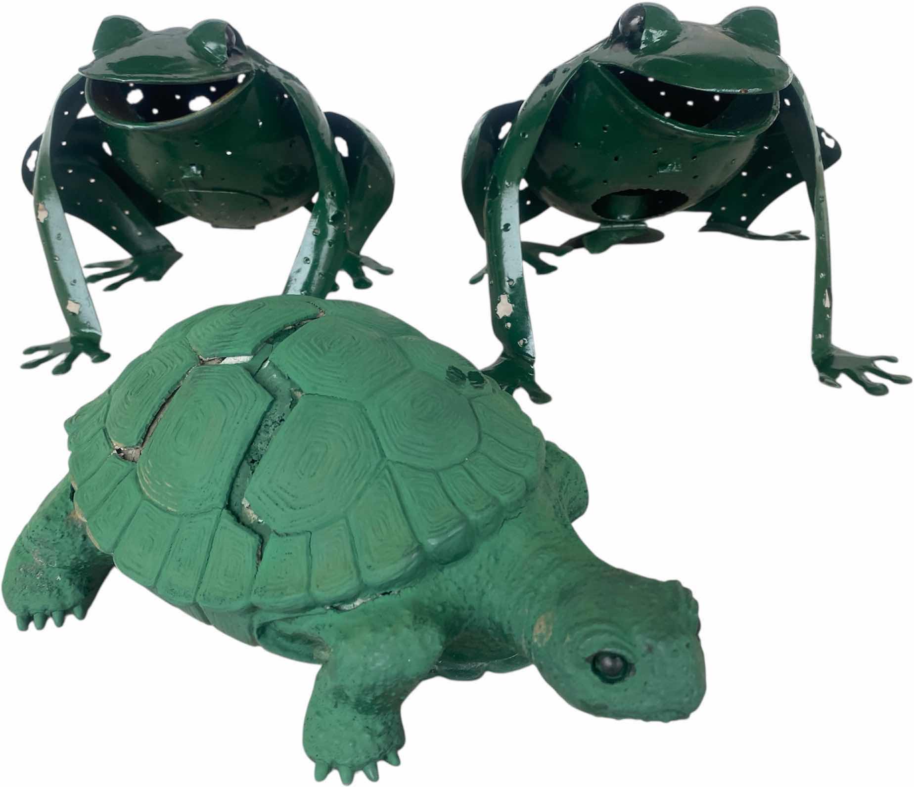 Photo 1 of 2-METAL FROGS & 1 CASTV RESIN TURTLE LARGEST 7” x 6”