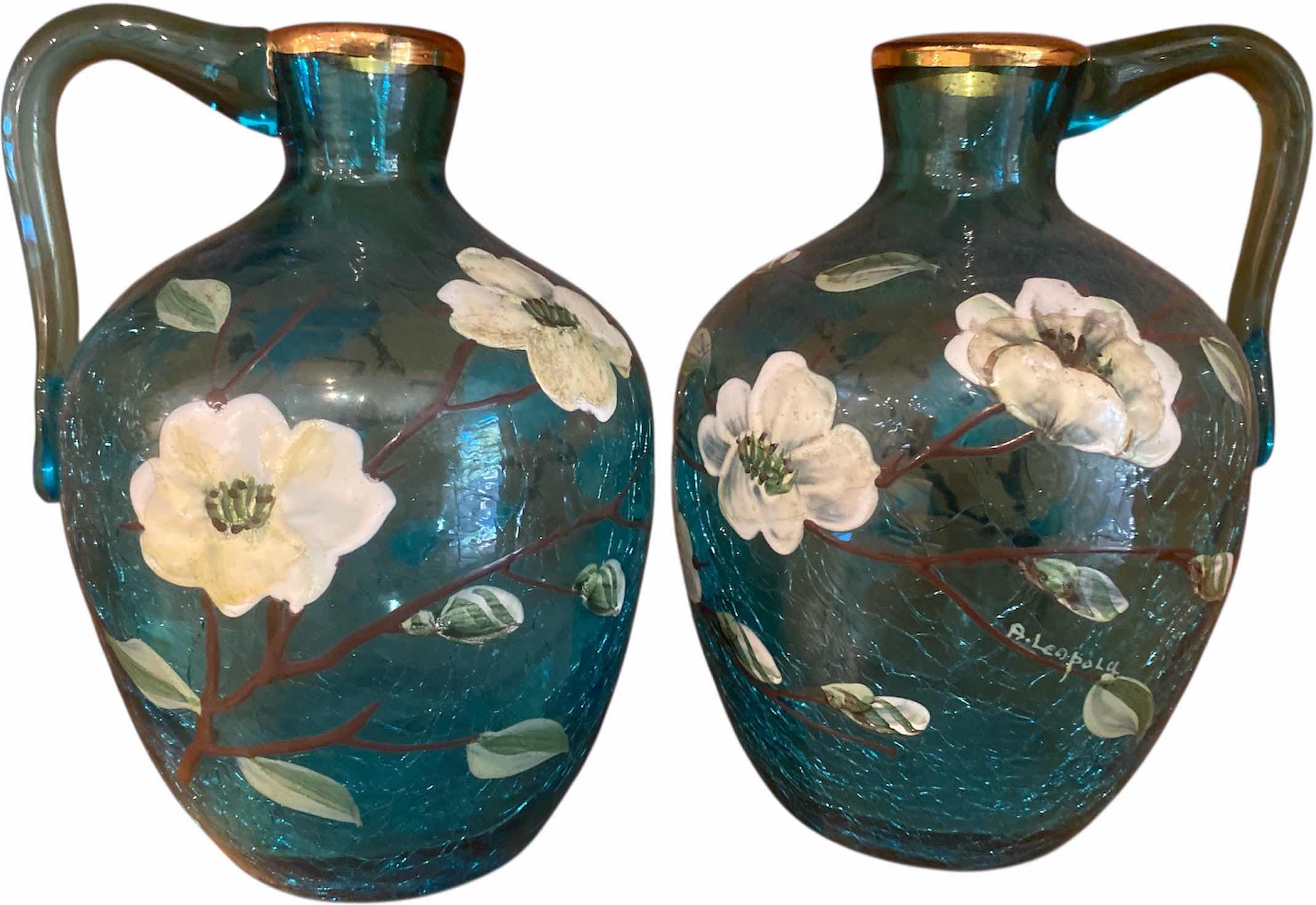 Photo 1 of 2-HANDPAINTED CRACKLE BLUE GLASS BOTTLES 5 1/2” x 7 1/2”