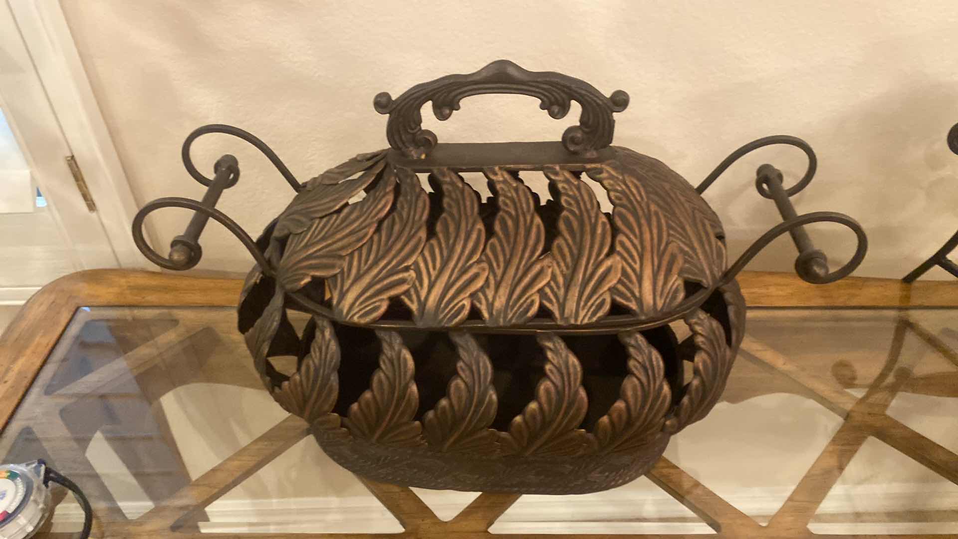 View 2 of BRONZE COLOR ALUMINUM LEAF DESIGN BASKET WITH LID 19” x 12”