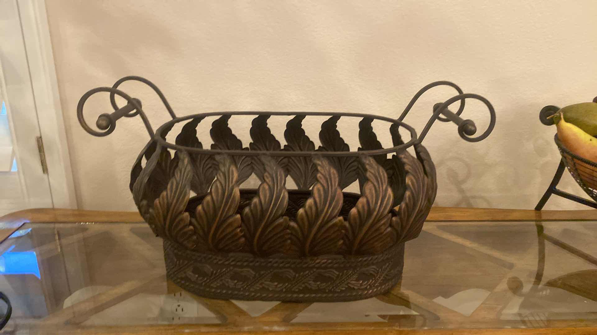 View 3 of BRONZE COLOR ALUMINUM LEAF DESIGN BASKET WITH LID 19” x 12”