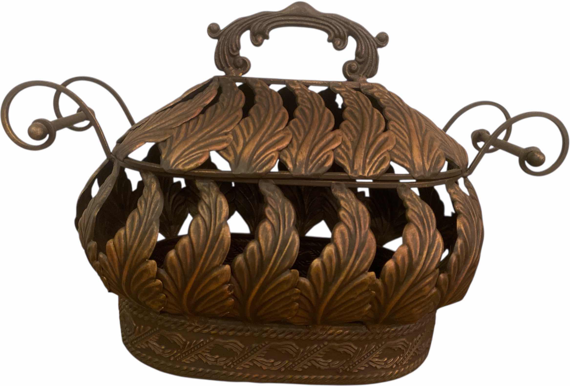 View 1 of BRONZE COLOR ALUMINUM LEAF DESIGN BASKET WITH LID 19” x 12”
