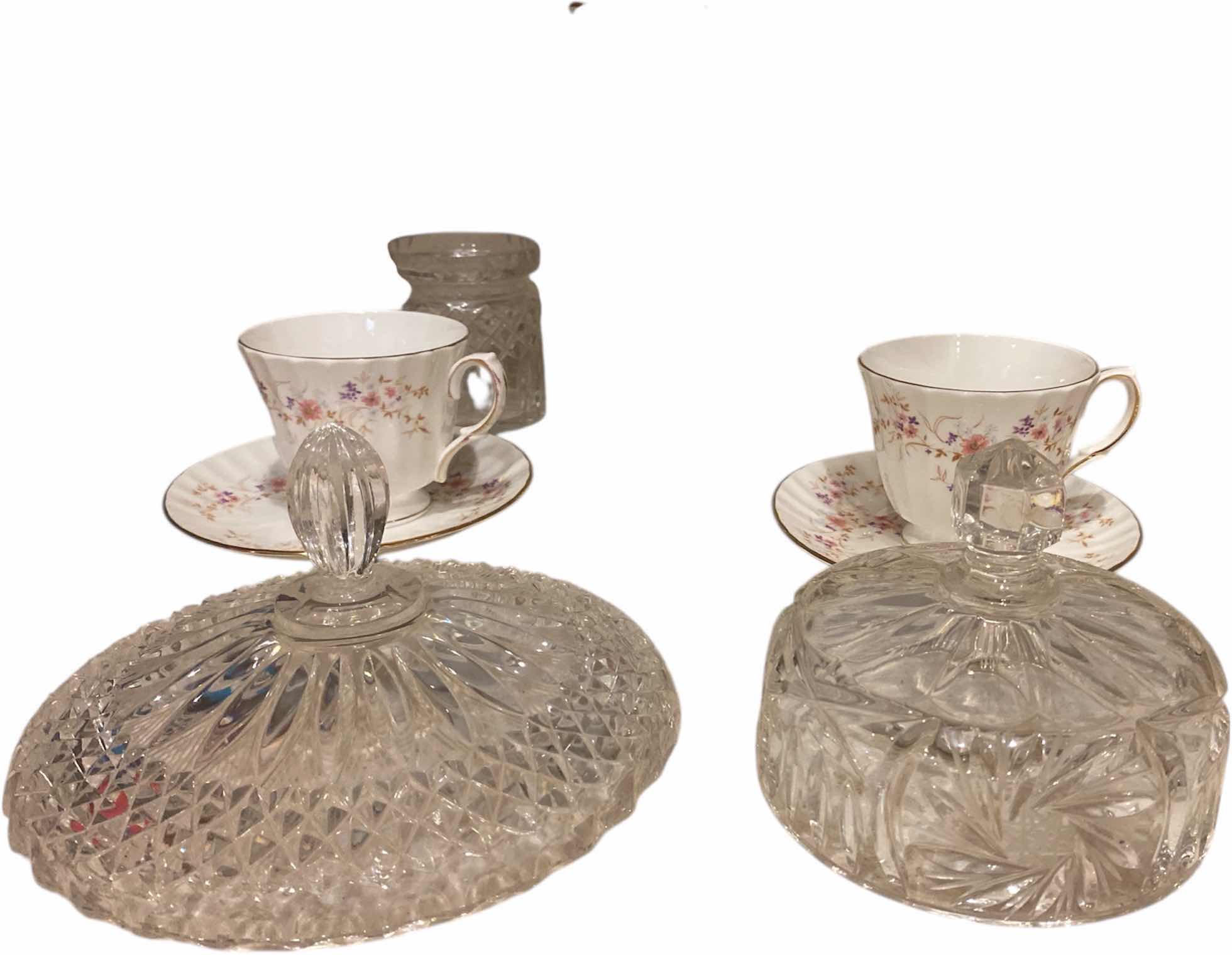 Photo 1 of 9-PORCELAIN & CRYSTAL - TEA CUPS,  CANDLESTICK & LIDS