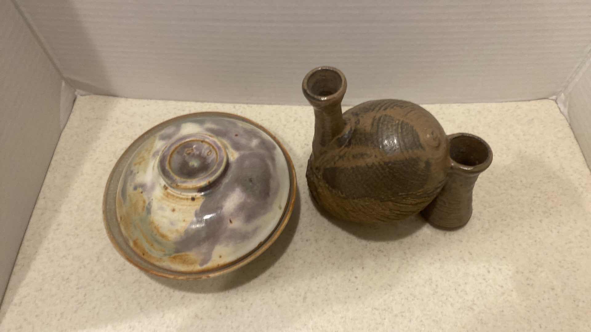 Photo 1 of 2-STONEWARE POTTERY -BOWL WITH LID AND VASE H7”