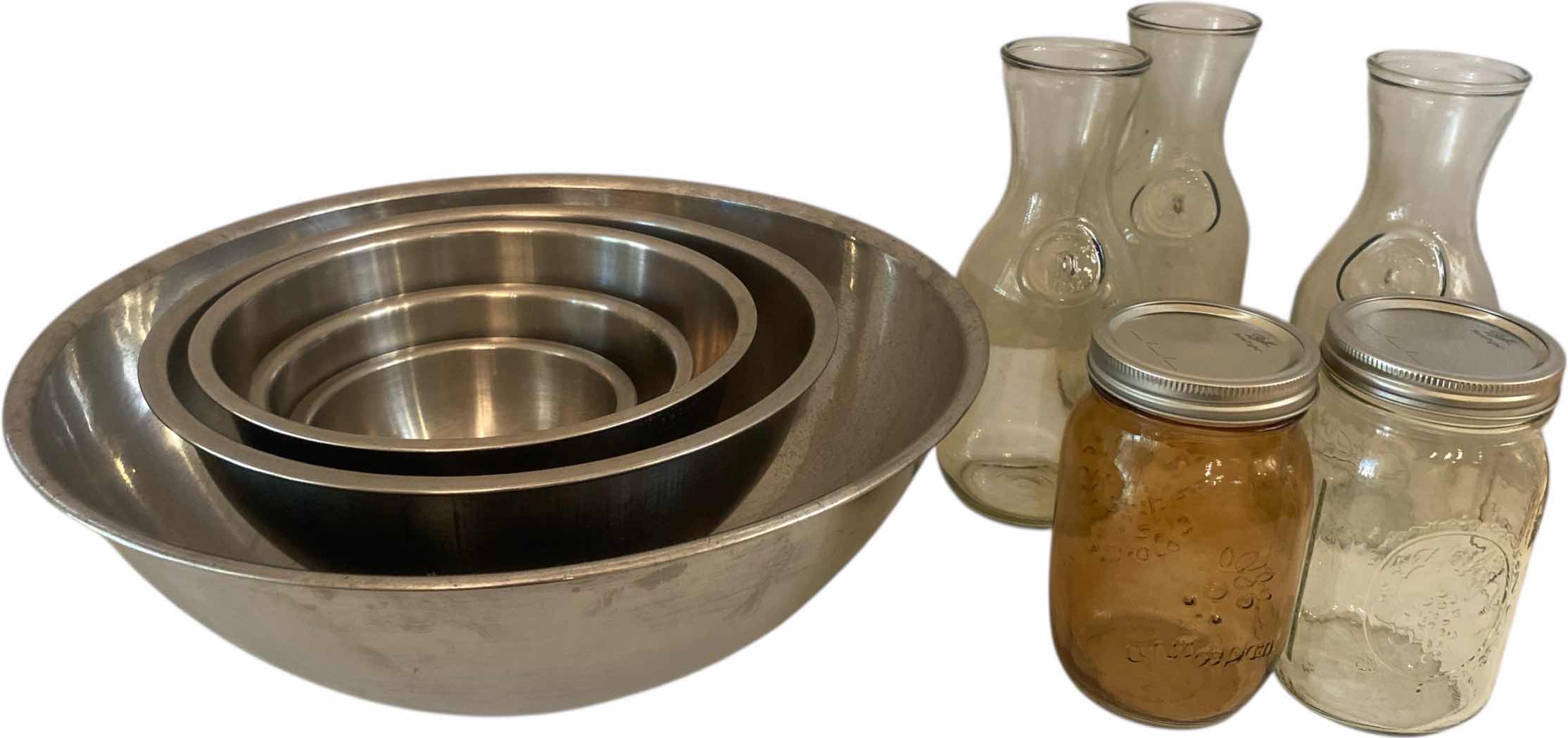 Photo 1 of 5-STAINLESS STEEL MIXING BOWLS, 3 CARAFES & 2 BALL JARS