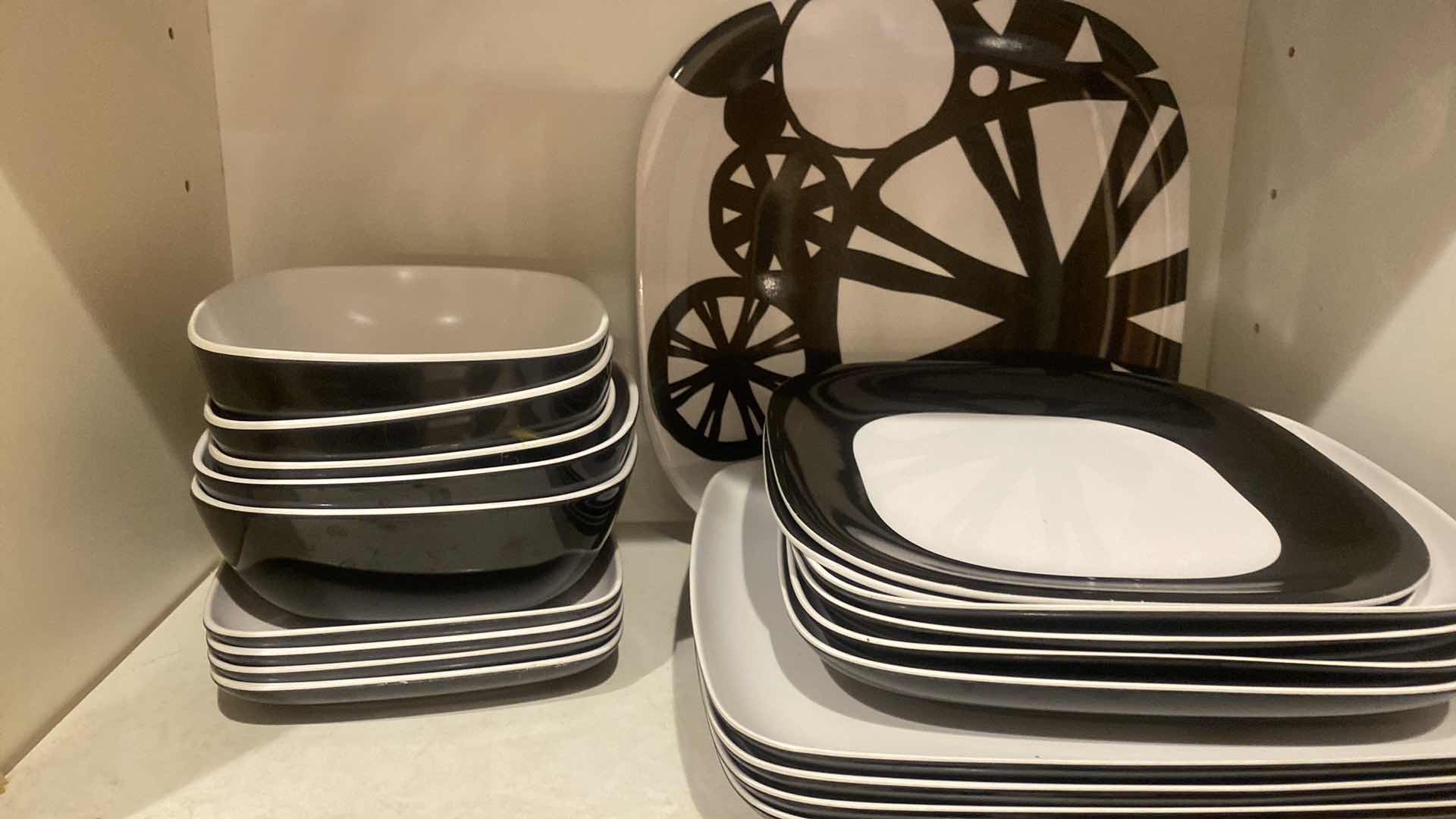 Photo 1 of CONTENTS OF CABINET - MELAMINE DINNERWARE & CERAMIC COFFEE CUPS