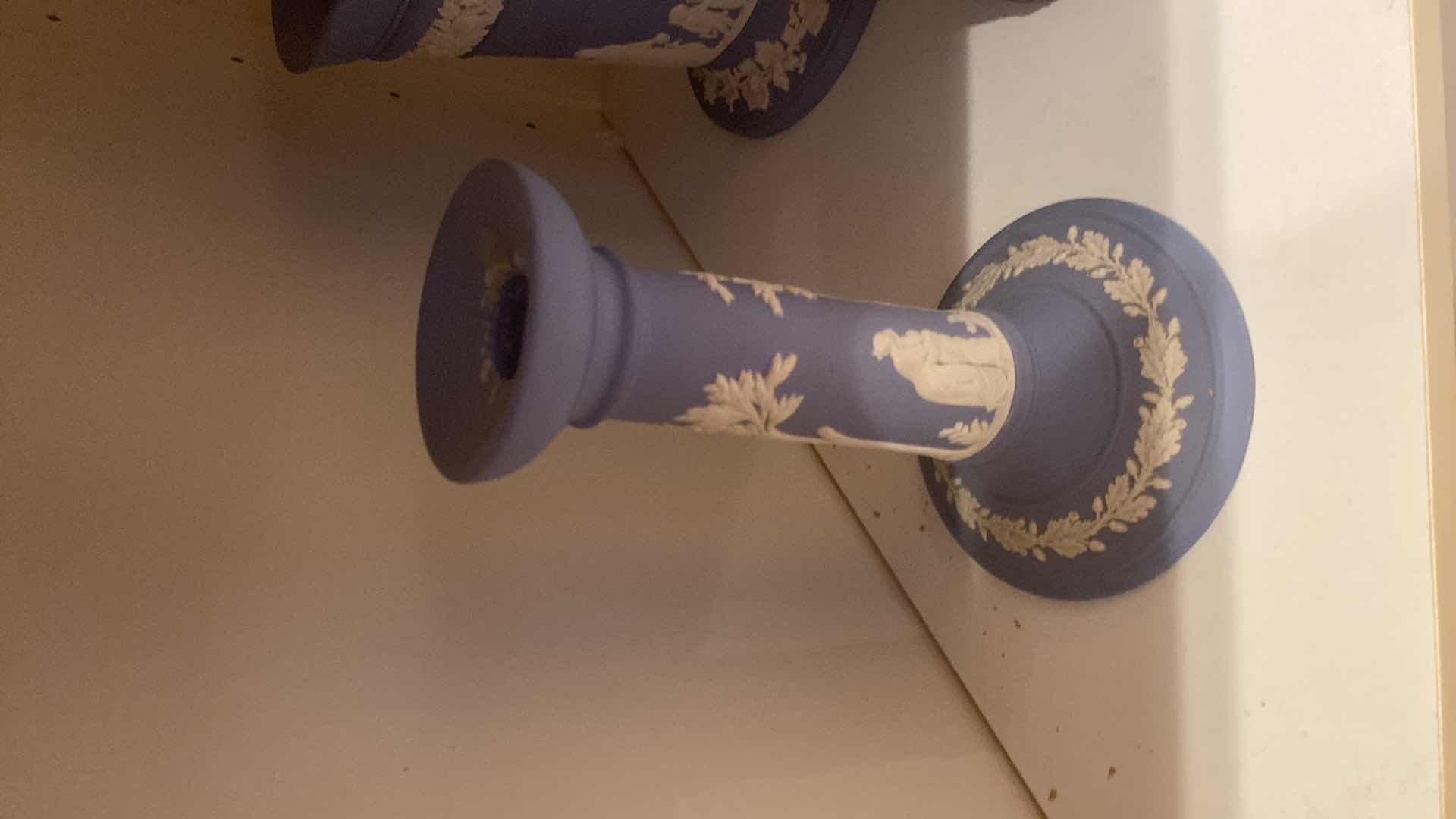 Photo 1 of CONTENTS OF CABINET-4 WEDGWOOD DECOR - FLOWER VASE, TRINKET BIX & CANDLESTICKS H7”