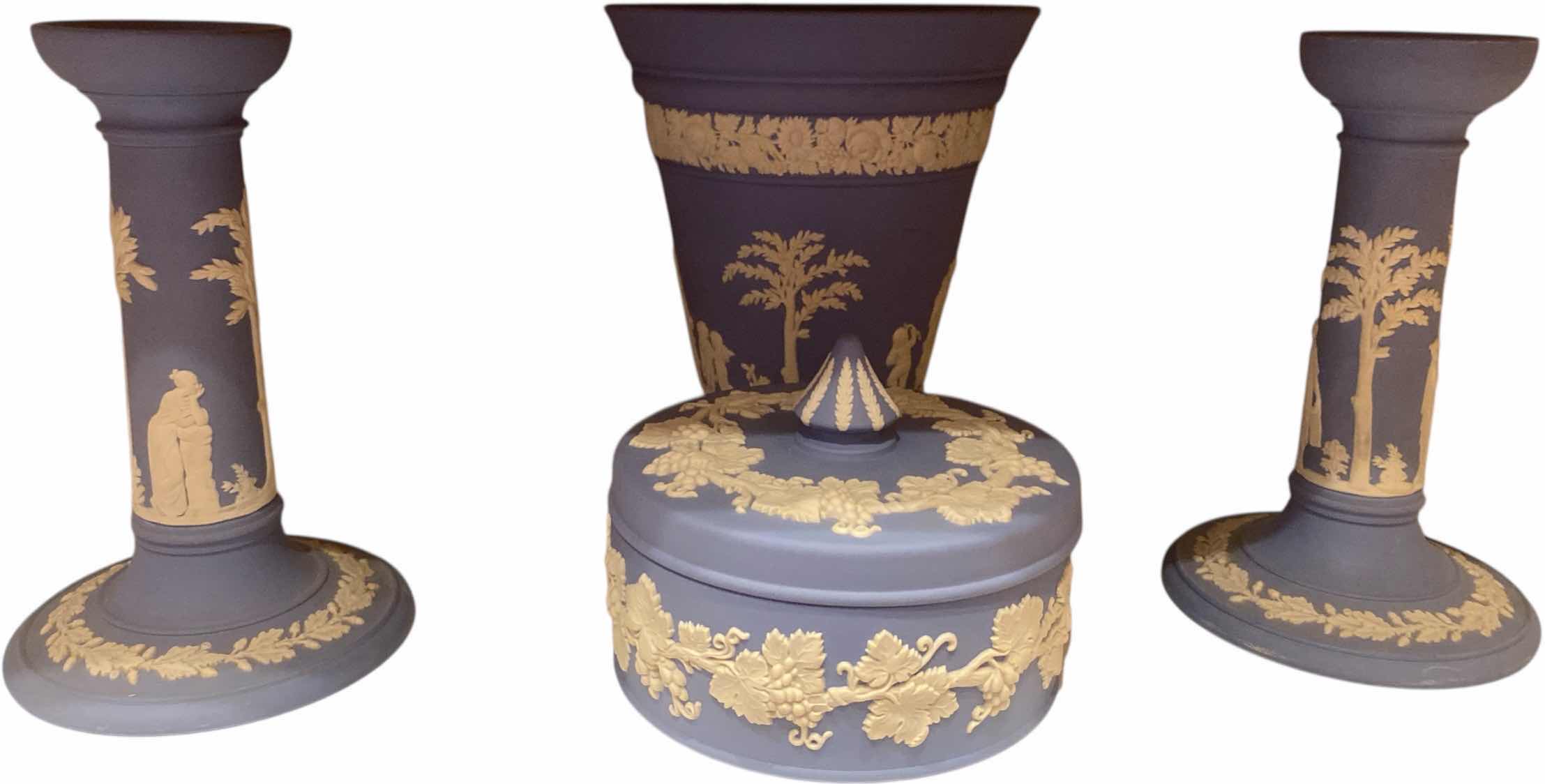 Photo 1 of CONTENTS OF CABINET-4 WEDGWOOD DECOR - FLOWER VASE, TRINKET BIX & CANDLESTICKS H7”