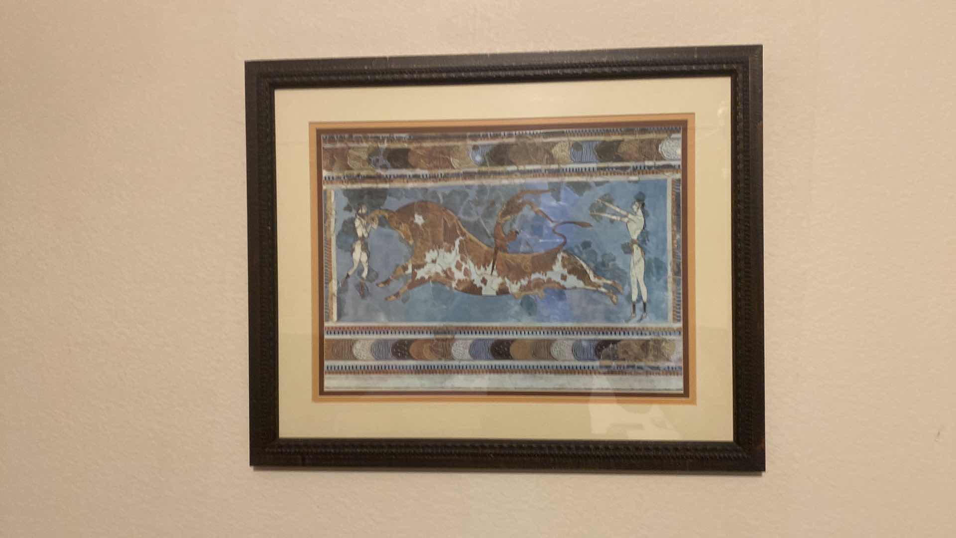 Photo 1 of FRAMED MINOAN BULL LEAPING GRESCO ANCIENT GREECE PRINT ARTWORK 22” x 17 1/2”