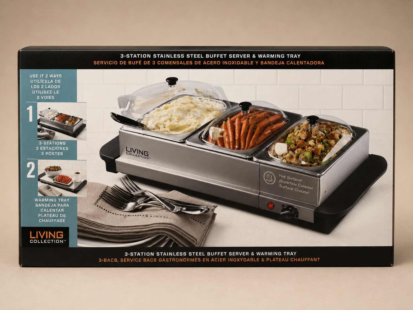 Photo 1 of THREE STATION STAINLESS STEEL BUFFET SERVER AND WARM WARMING TRAY