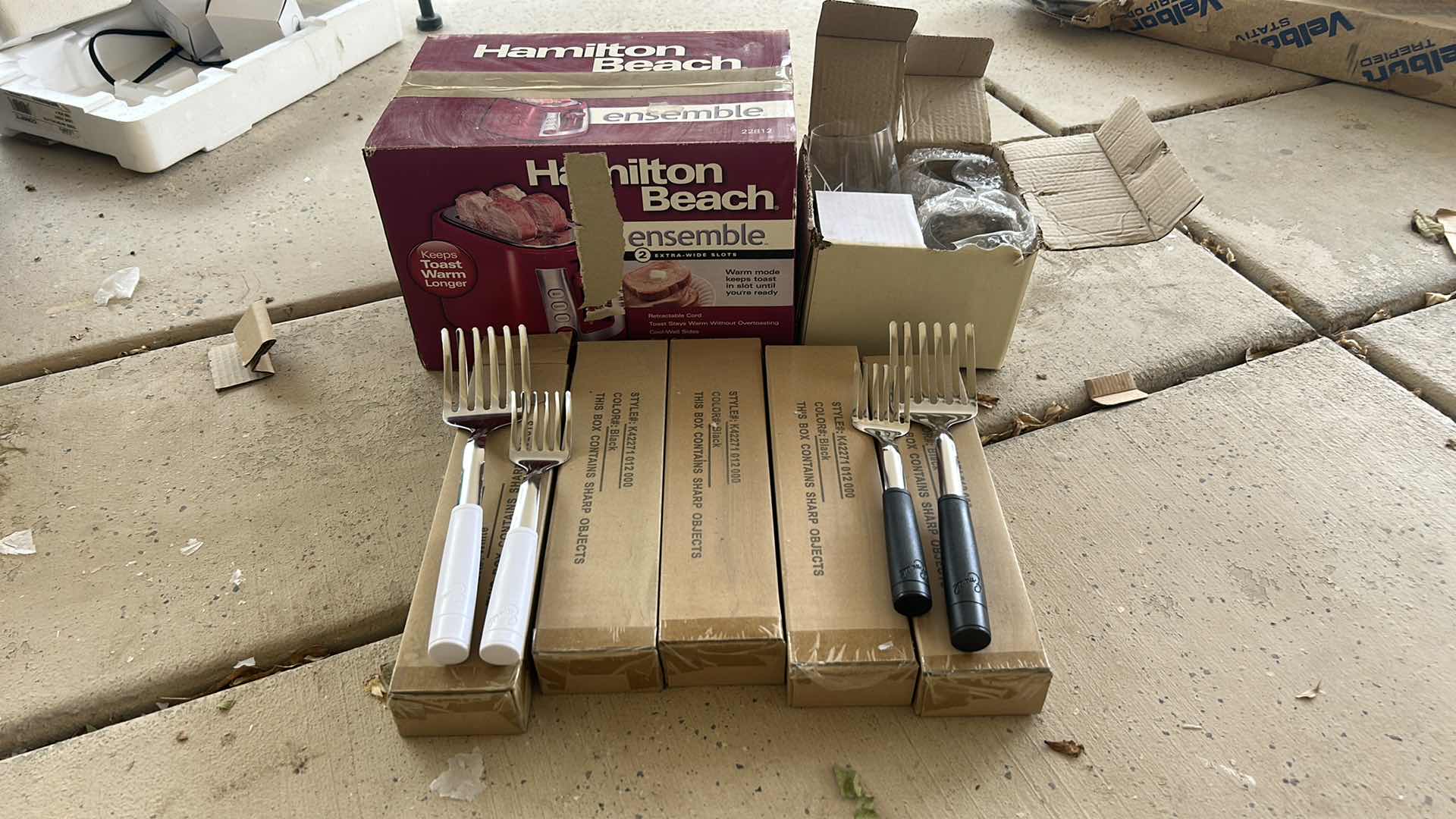 Photo 1 of HAMILTON BEACH TOASTER FOR AND RESORT GLASSES AND FIVE BOXES OF NEW LARGE FORK UTENSILS