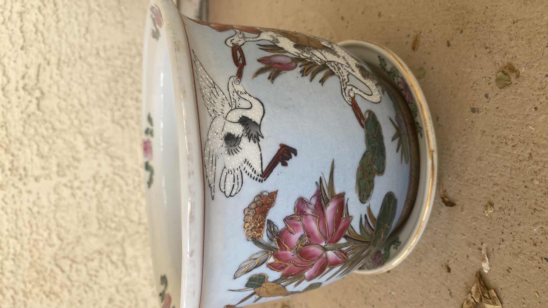 Photo 1 of VINTAGE ORIENTAL HAND-PAINTED CERAMIC POT WITH MATCHING SAUCER 7 3/4” X  6 3/4”