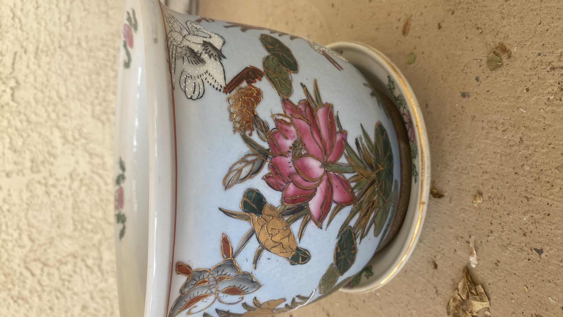Photo 1 of VINTAGE ORIENTAL HAND-PAINTED CERAMIC POT WITH MATCHING SAUCER 7 3/4” X  6 3/4”