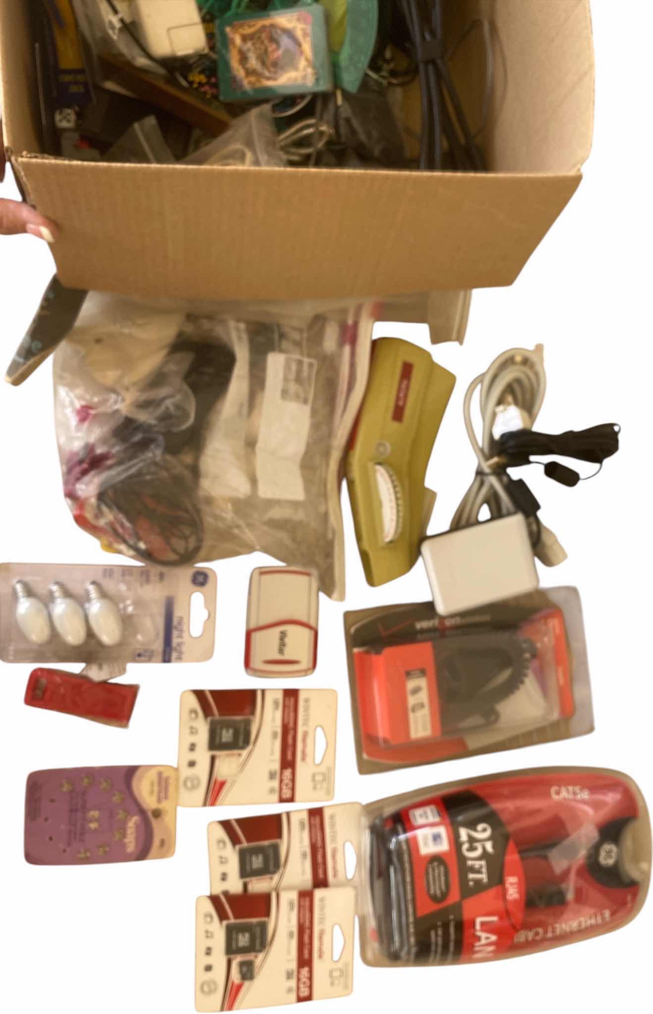 Photo 1 of BOX WITH ASSORTED WIRES, FLASHCARDS, NIGHTLIGHT BULBS