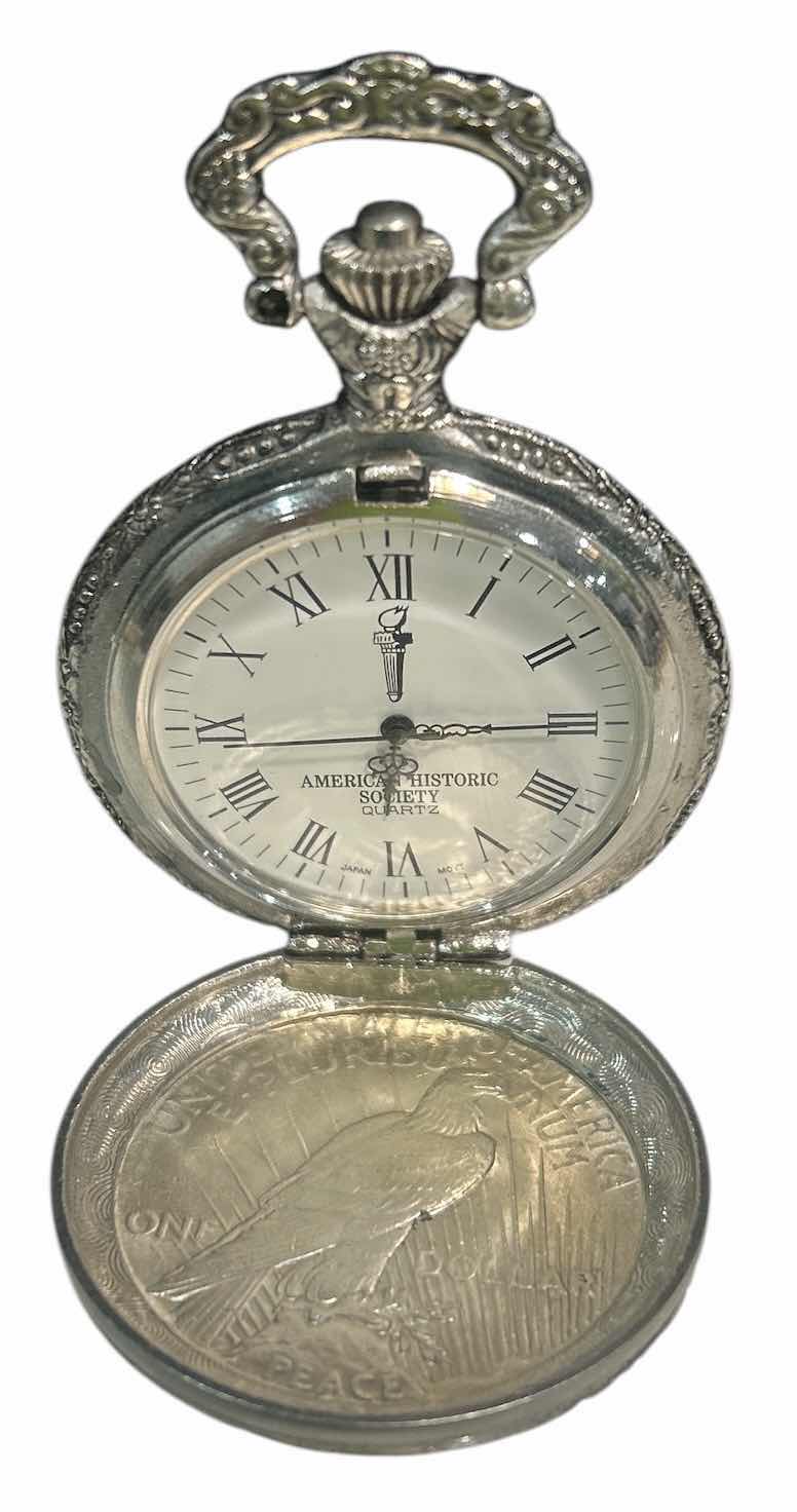 Photo 1 of AMERICAN HISTORICAL SOCIETY QUARTZ POCKET WATCH WITH SILVER DOLLAR
