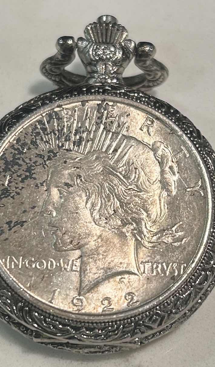 Photo 1 of AMERICAN HISTORICAL SOCIETY QUARTZ POCKET WATCH WITH SILVER DOLLAR