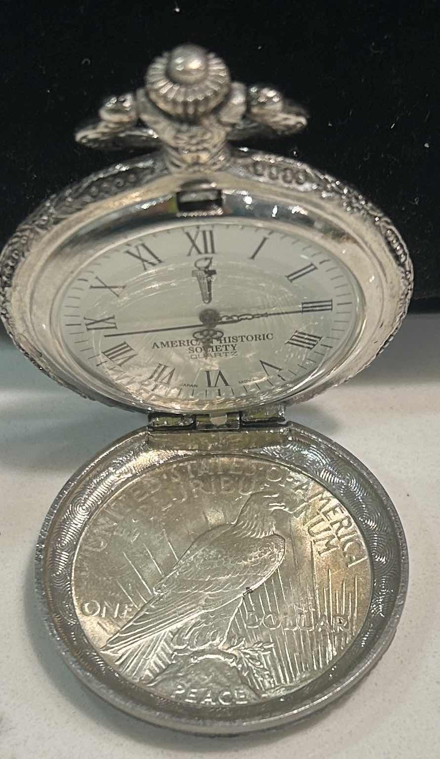 Photo 1 of AMERICAN HISTORICAL SOCIETY QUARTZ POCKET WATCH WITH SILVER DOLLAR
