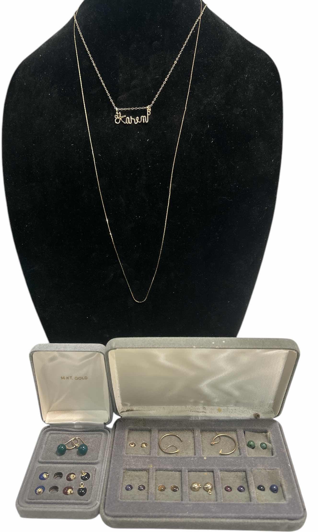 Photo 1 of 14K EARRINGS AND 2 GOLD TONE NECKLACES