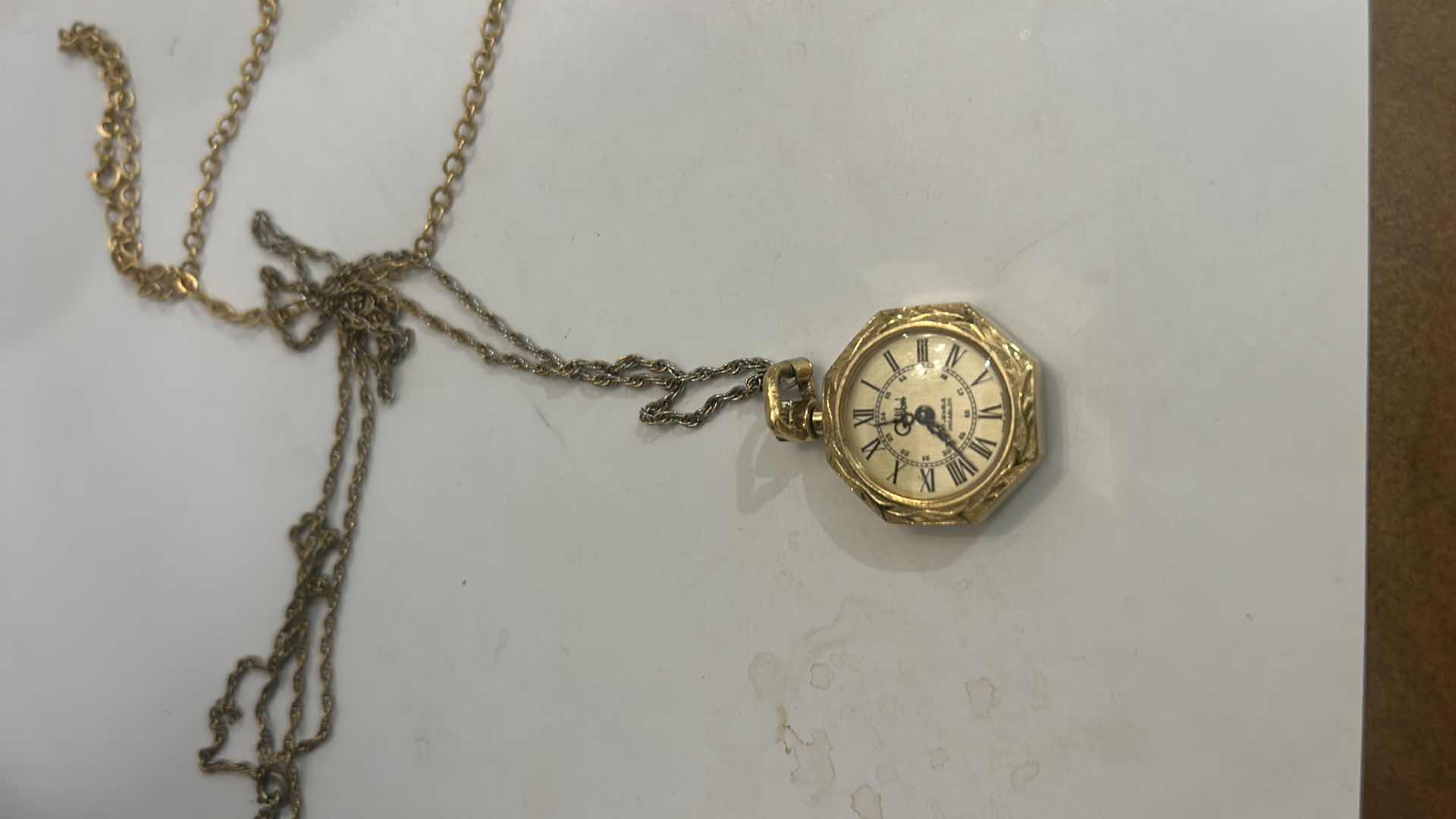 Photo 1 of 4 NECKLACES INCLUDING VINTAGE COLIBRI  19 JEWEL MOVEMENT GOLD TONE POCKET WATCH