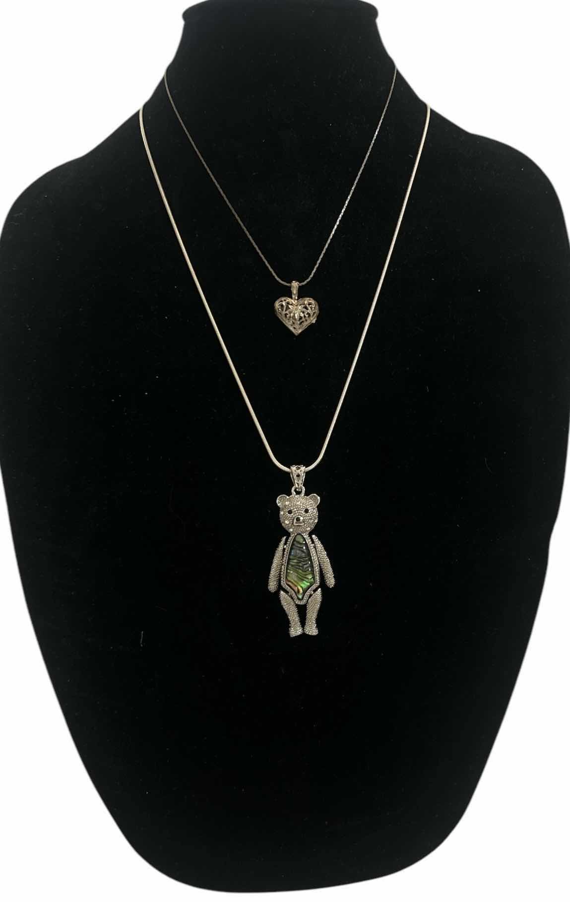 Photo 1 of 2 STERLING SILVER NECKLACE CHAINS, HEART PENDANT AND SILVER TONE BEAR