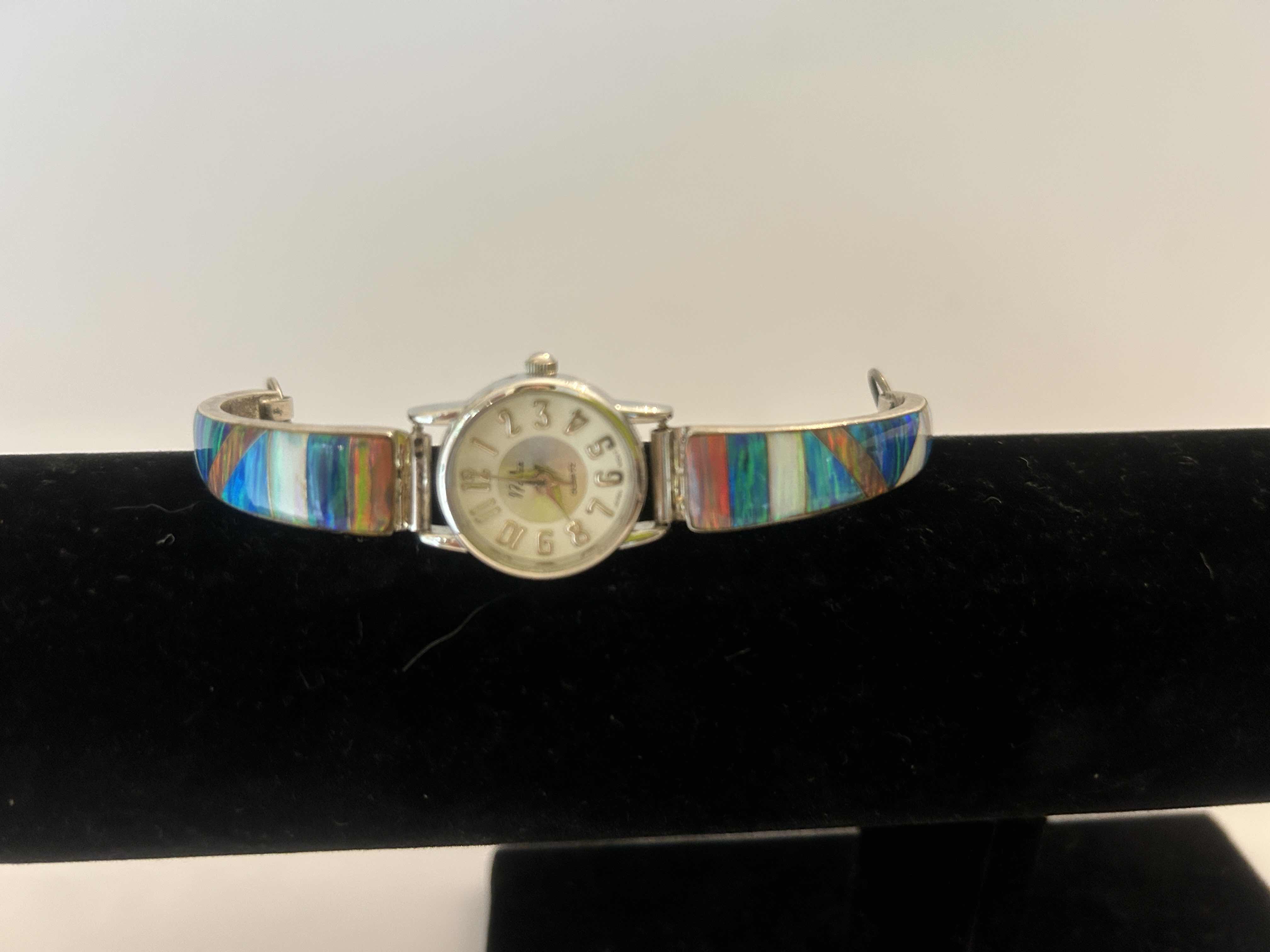 Photo 1 of WATCH & STERLING SILVER WATCHBAND WITH TURQUOISE AND OTHER STONES
