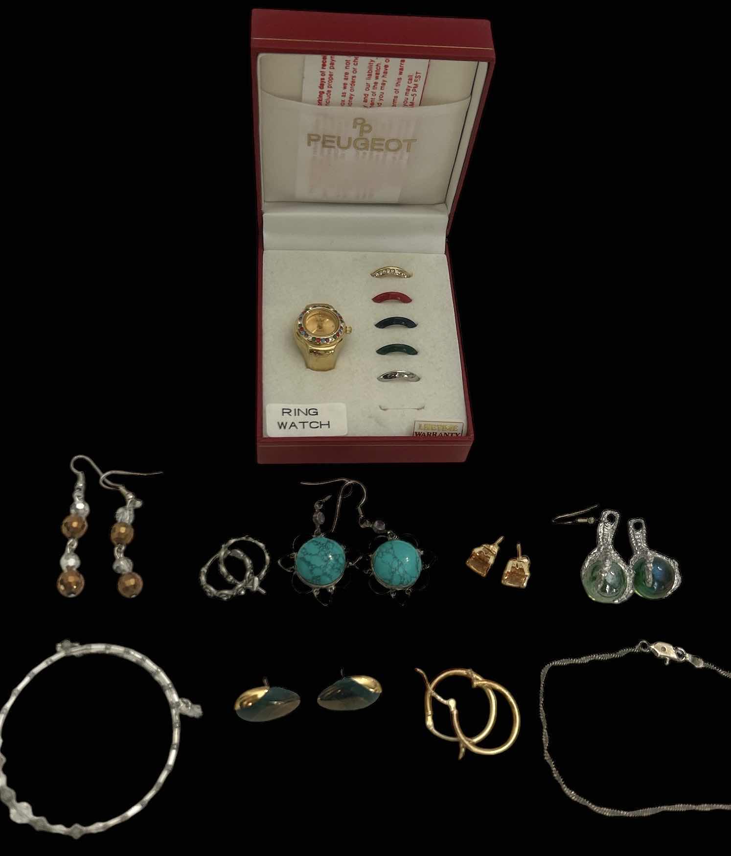 Photo 1 of 10 JEWELRY PIECES- PEUGEOT RING WATCH, EARRINGS AND BRACELETS