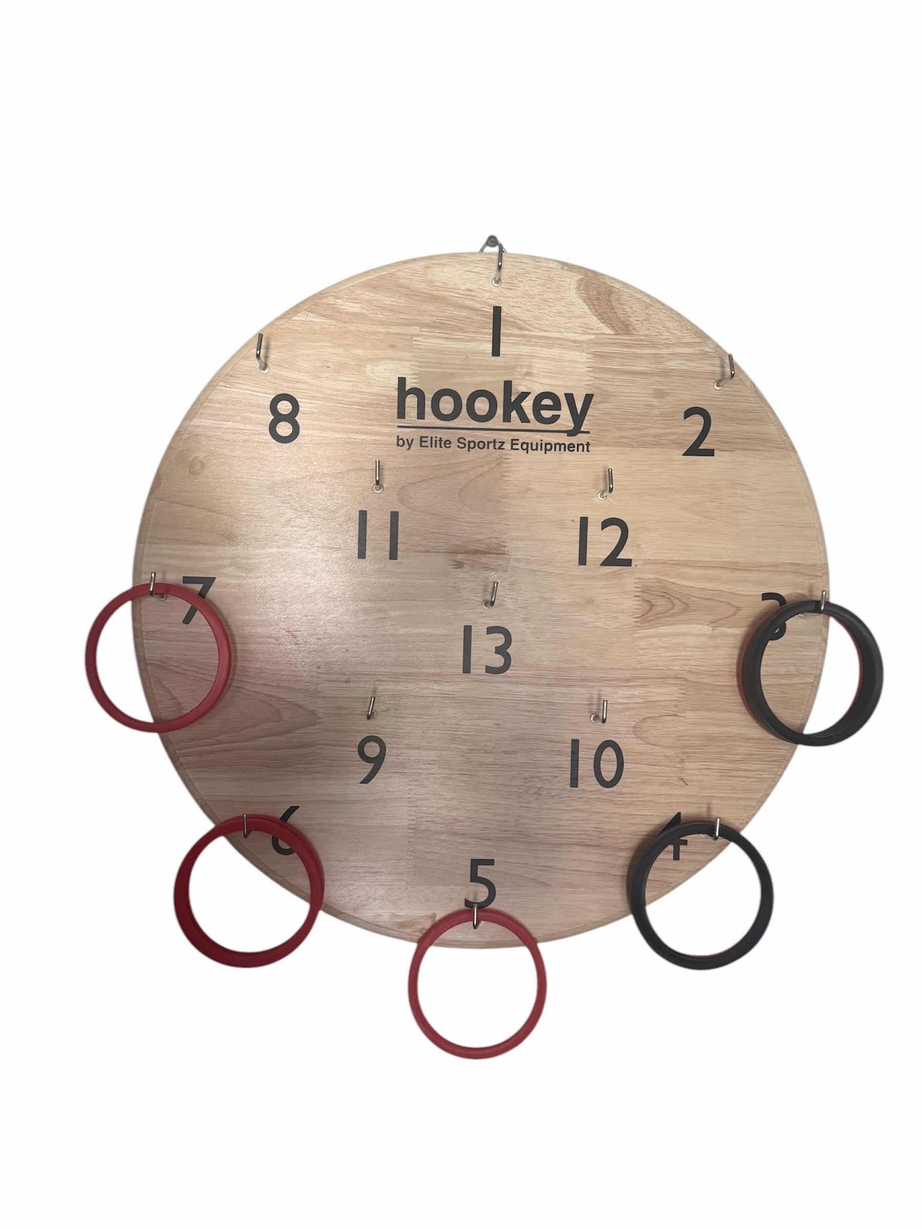 Photo 1 of HOOKEY ELITE RING TOSS WITH BLACK AND RED RINGS, HARDWOOD BOARD, GAME

D19.5”