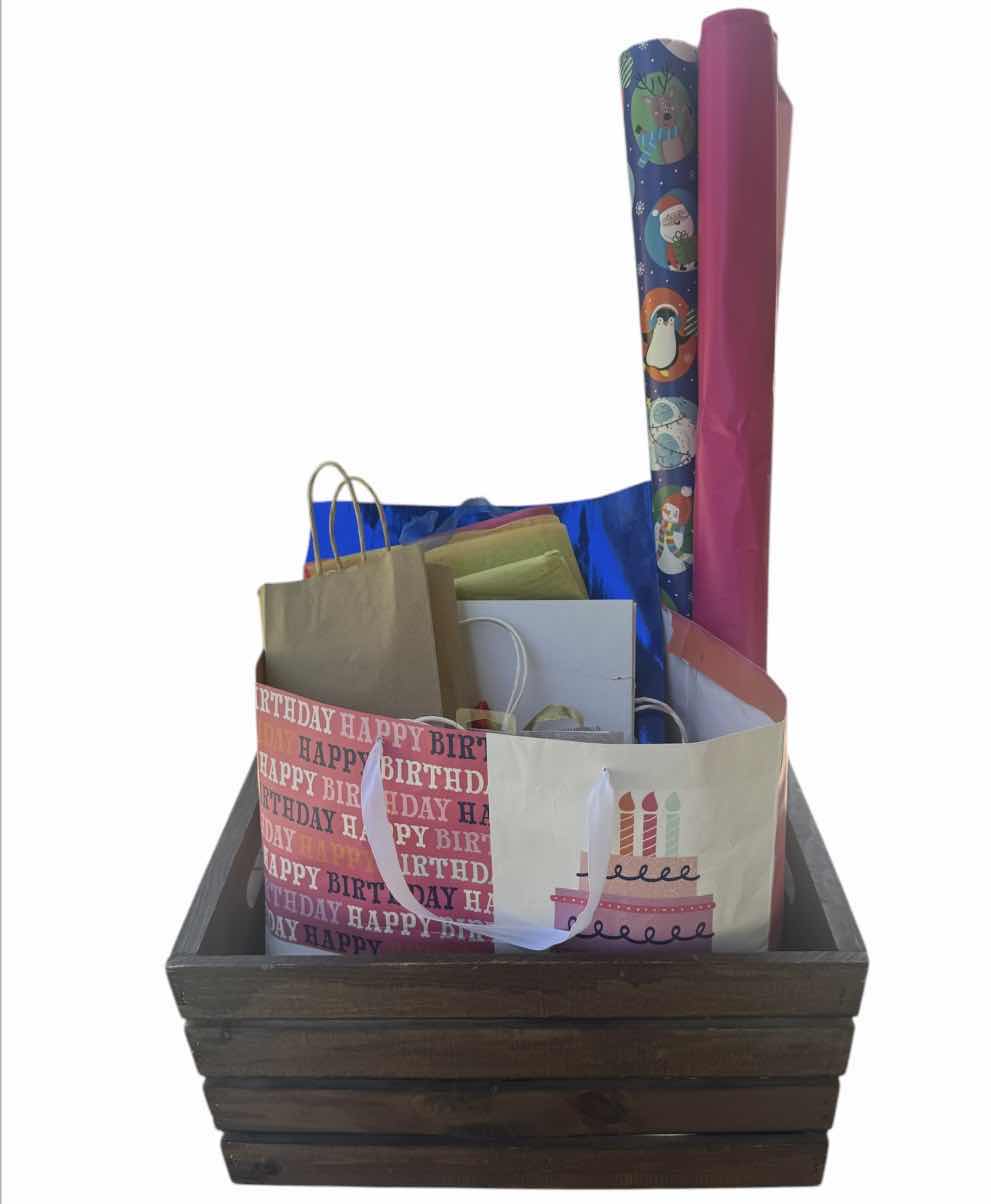 Photo 3 of WOODEN CRATE WITH ASSORTED WRAPPING SUPPLIES, GIFT BAGS, RIBBONS, STREAMERS 

WOODEN CRATE 
18” X 12.5” X H9.5”