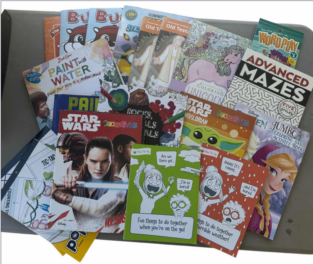 Photo 1 of BLACK TOTE WITH ASSORTED ACTIVITY BOOKS, CRAYONS, AND DRY ERASE MARKERS 

TOTE 
14.5” X 12.5” H12.5”