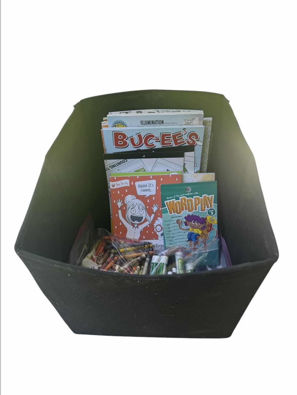 Photo 1 of BLACK TOTE WITH ASSORTED ACTIVITY BOOKS, CRAYONS, AND DRY ERASE MARKERS 

TOTE 
14.5” X 12.5” H12.5”