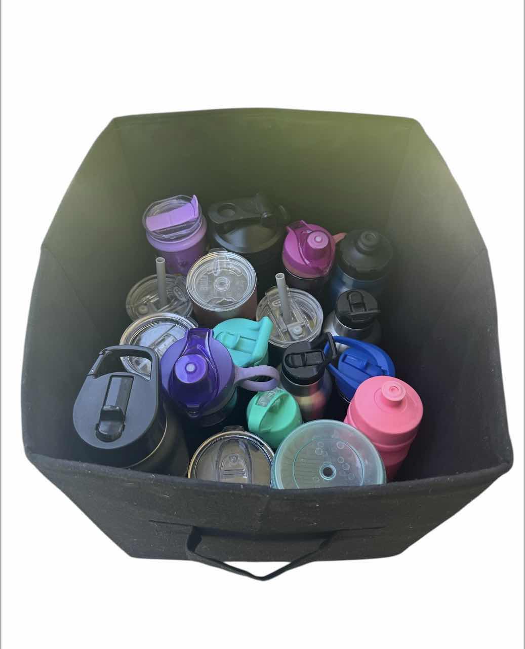 Photo 1 of BLACK TOTE WITH ASSORTED BOTTLES AND TUMBLERS, 18 PIECES

TOTE 
14.5” X 12.5” H12.5”