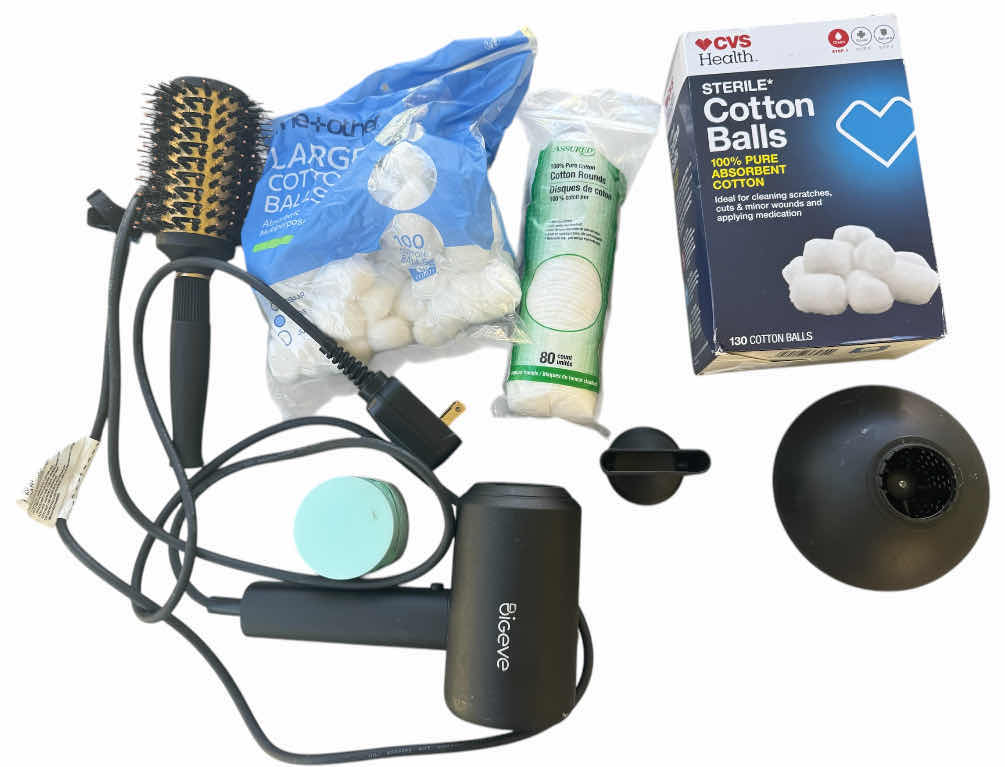 Photo 1 of BOX WITH CONTENTS OF BATHROOM CABINET, BLOWDRYER, BLOWDRYER ACCESSORIES, COTTON BALLS, COTTON ROUNDS, SUGAR SCRUB, ROUND BRUSH