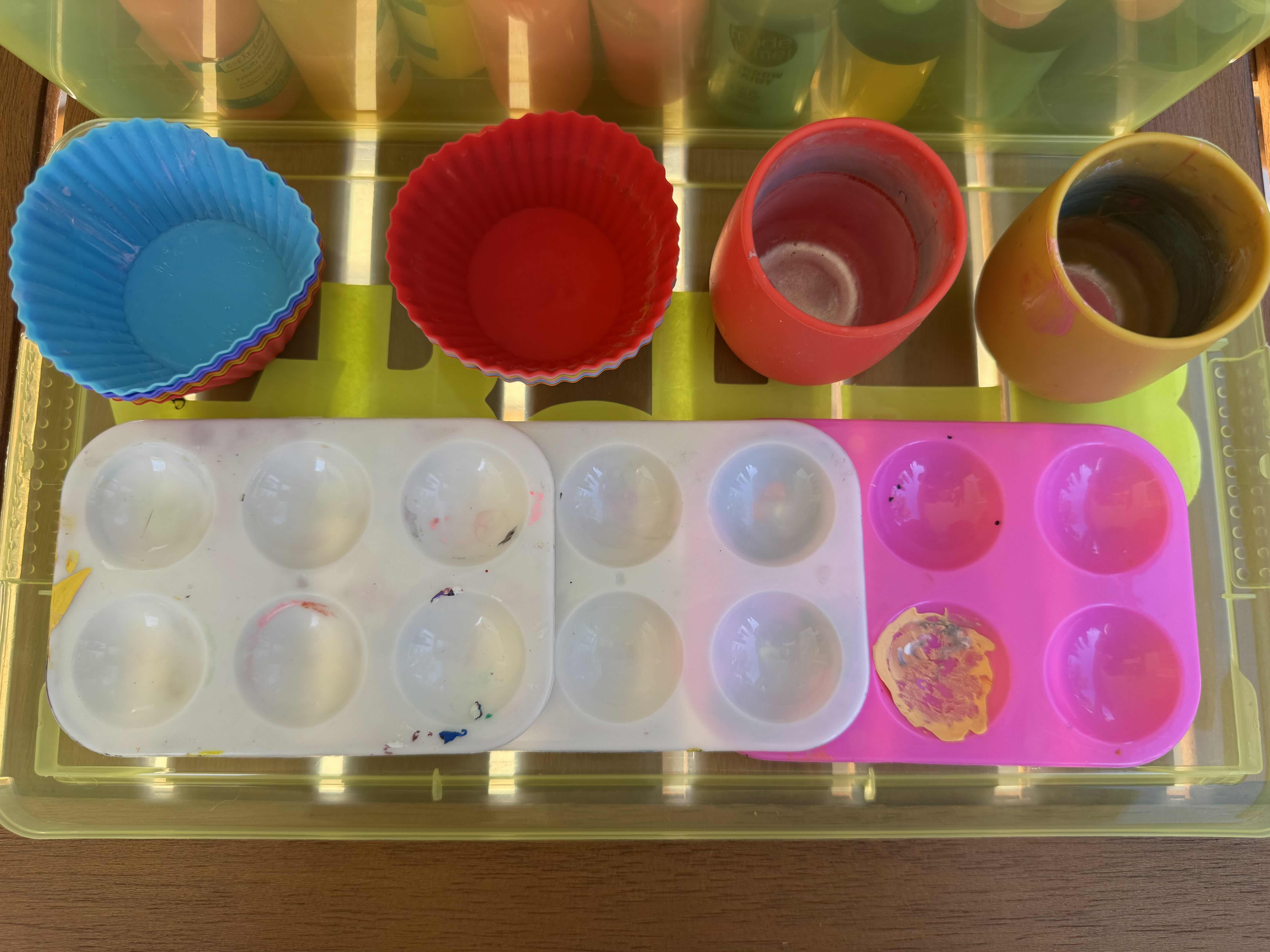 Photo 4 of 2 TOTES OF ART SUPPLIES, ACRYLIC PAINT, WINDOW PAINT, PAINT STICKS, SILICONE PAINTING MATS, PAINT CUPS, SILICONE CUPS FOR PAINT, 

TOTES
13” X 7.5” X H4.5”