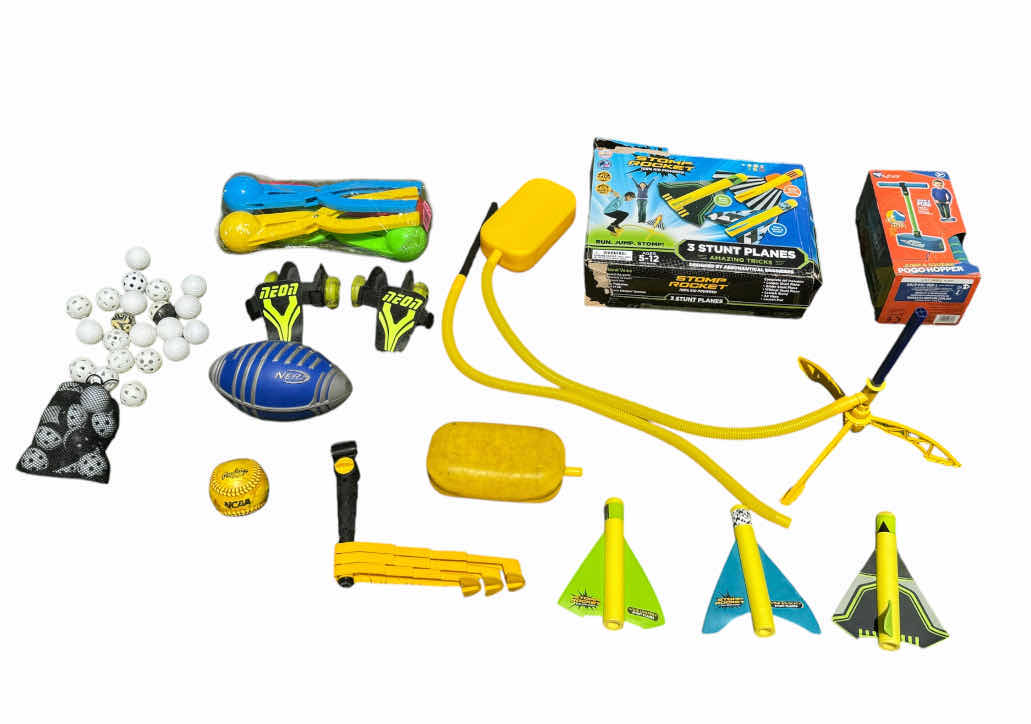 Photo 1 of TOTE OF OUTDOOR ACTIVITIES, KIDS GAMES ACTIVITIES, STOMP ROCKETS, JUMP AND SQUEAK, NERF FOOTBALL, NEON HEEL SKATES, WIFFLE PLASTIC PRACTICE GOLF BALLS, GOLF BALLS, SNOWBALL MAKERS

TOTE 
15” X 13” X H13”