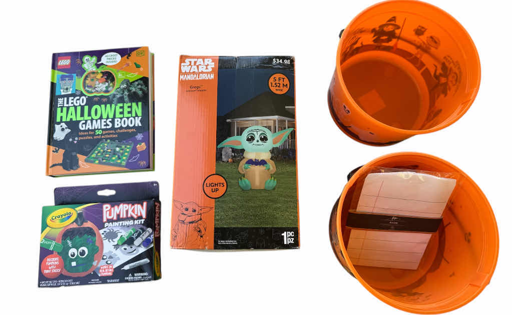 Photo 1 of HOLIDAY DECOR, HALLOWEEN DECORATION, GROGU LIGHT UP INFLATABLE, 2 CANDY BUCKETS, BAGS FOR CANDY, CRAYOLA PAINTING KIT