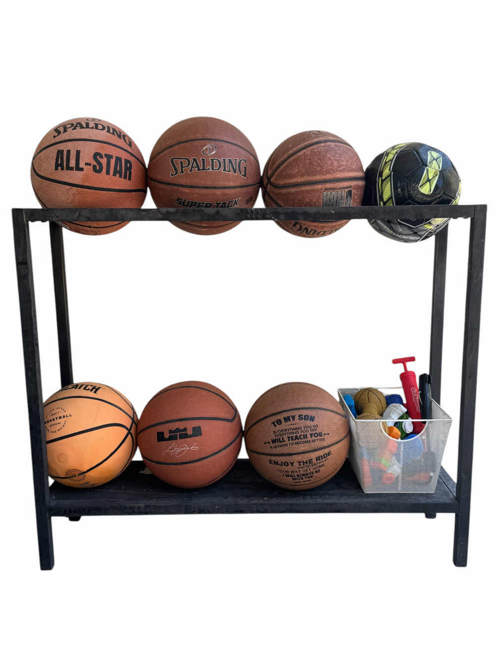 Photo 1 of BALLRACK, BASKETBALL SOCCER BALL RACK, 3 AIR PUMPS/INFLATION PUMPS, WATER GUNS, OUTDOOR ACTIVITIES, BALL STORAGE ORGANIZER

36” X 10” X H30”
