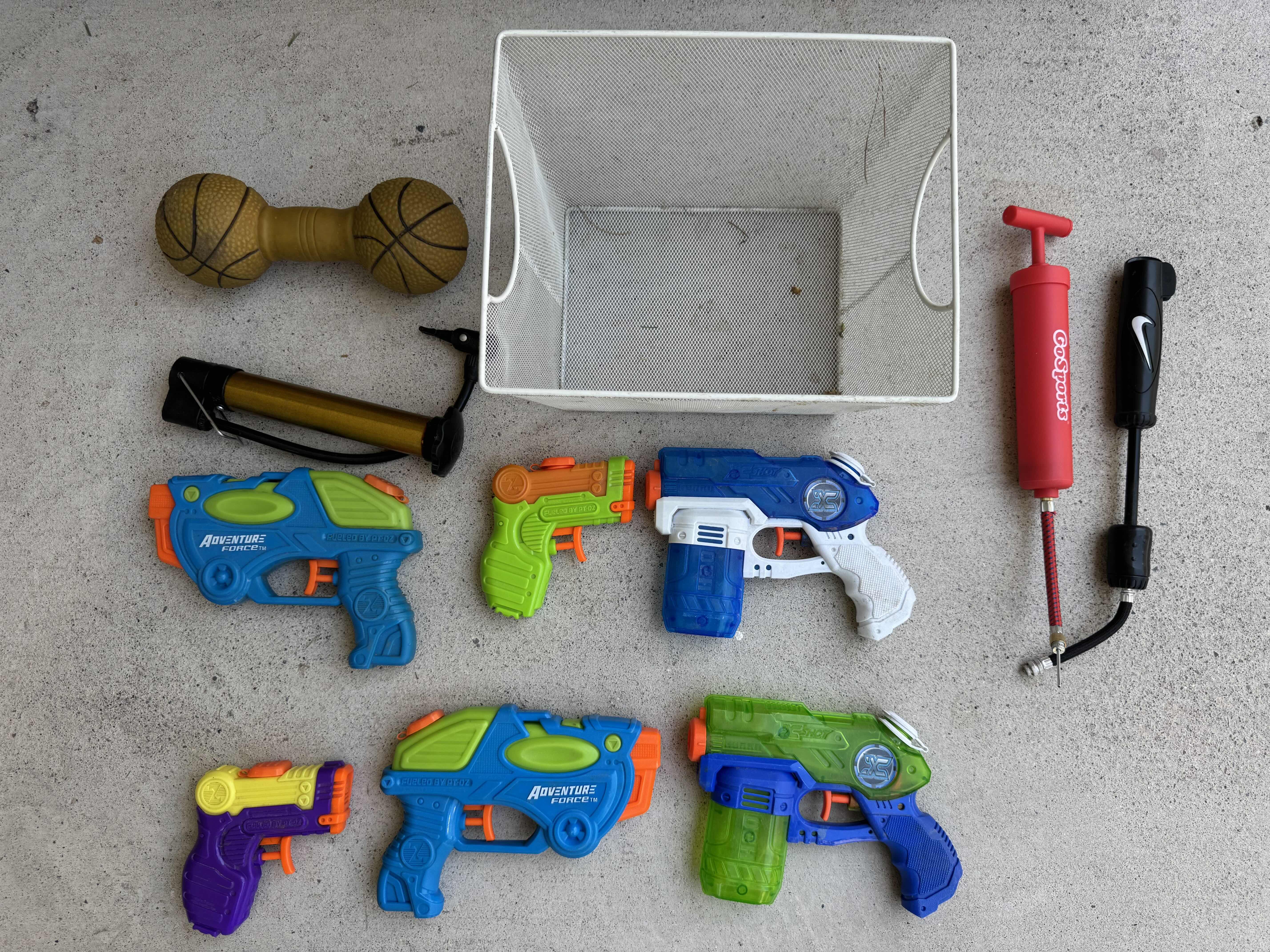 Photo 1 of BALLRACK, BASKETBALL SOCCER BALL RACK, 3 AIR PUMPS/INFLATION PUMPS, WATER GUNS, OUTDOOR ACTIVITIES, BALL STORAGE ORGANIZER

36” X 10” X H30”